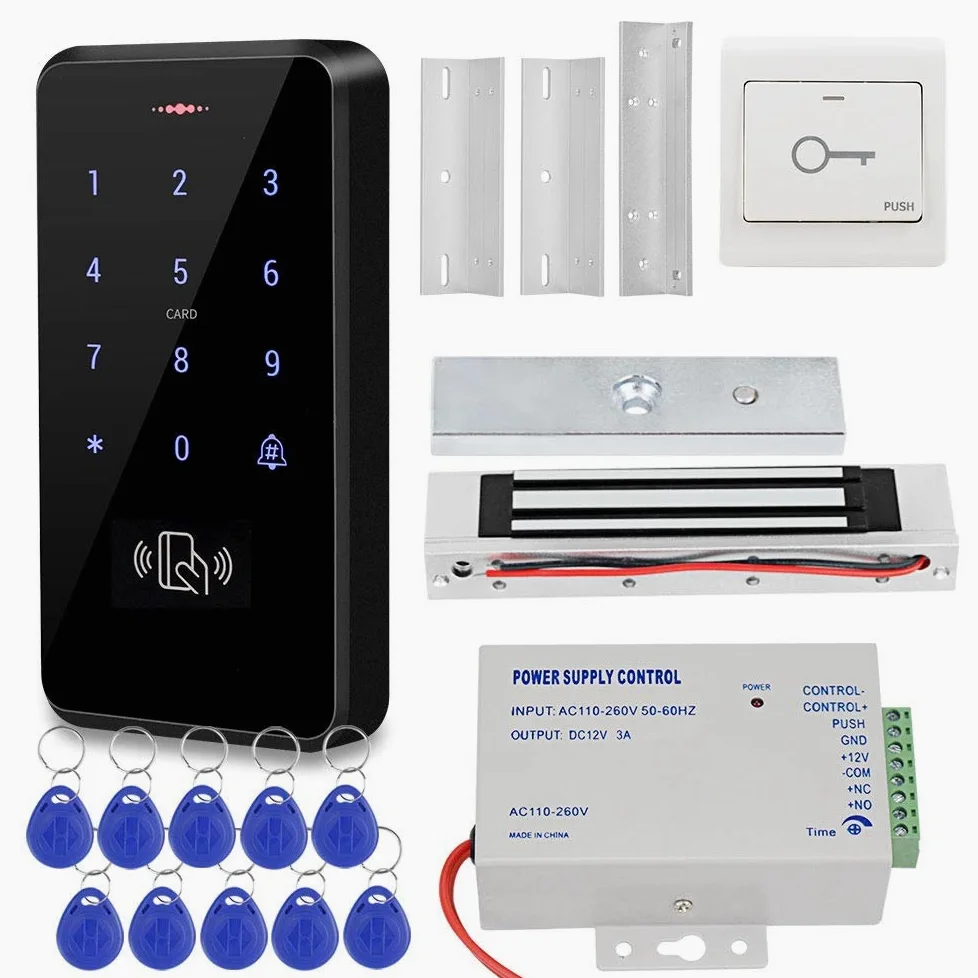 KDL Sistema di controllo accessi IP68 Controller tastiera RFID impermeabile, alimentatore DC12V, serratura magnetica elettrica 180kg / 350lbs con staffa Z&L, pulsante di uscit, Portachiavi RFID 125KHz