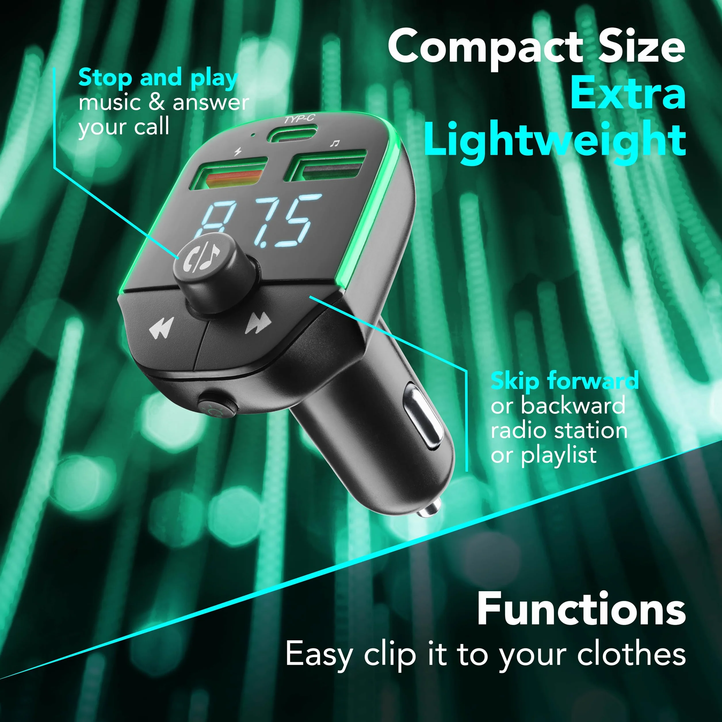 Cellularline - Car FM Transmitter - Trasmettitore FM Bluetooth® per autoradio - USB Music Player - Caricabatterie Auto 20W - Quick Charge 3.0 - Chiamate Hands Free - Luci RGB - Nero