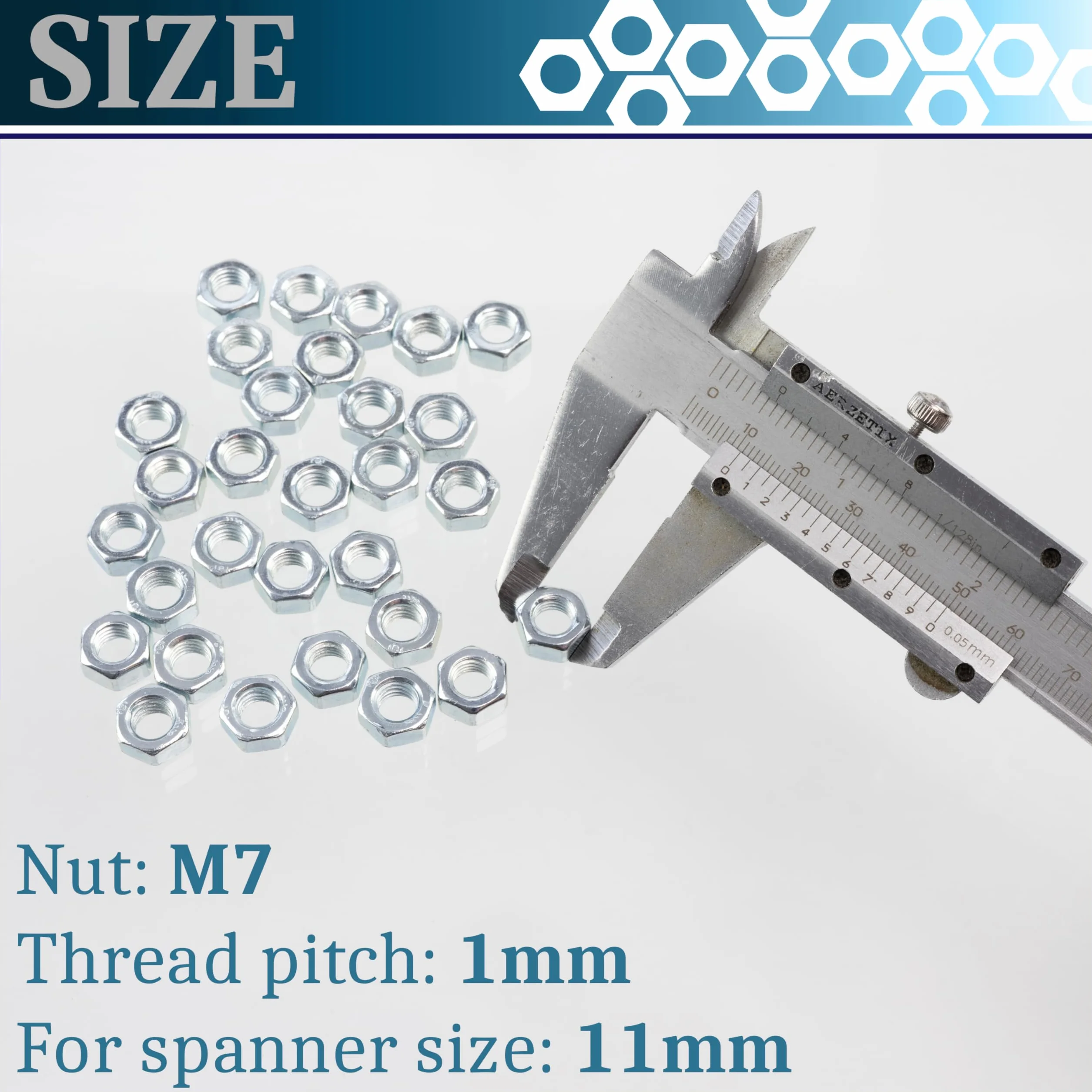AERZETIX Set 30 Dadi esagonali M7x1mm acciaio zincato argento