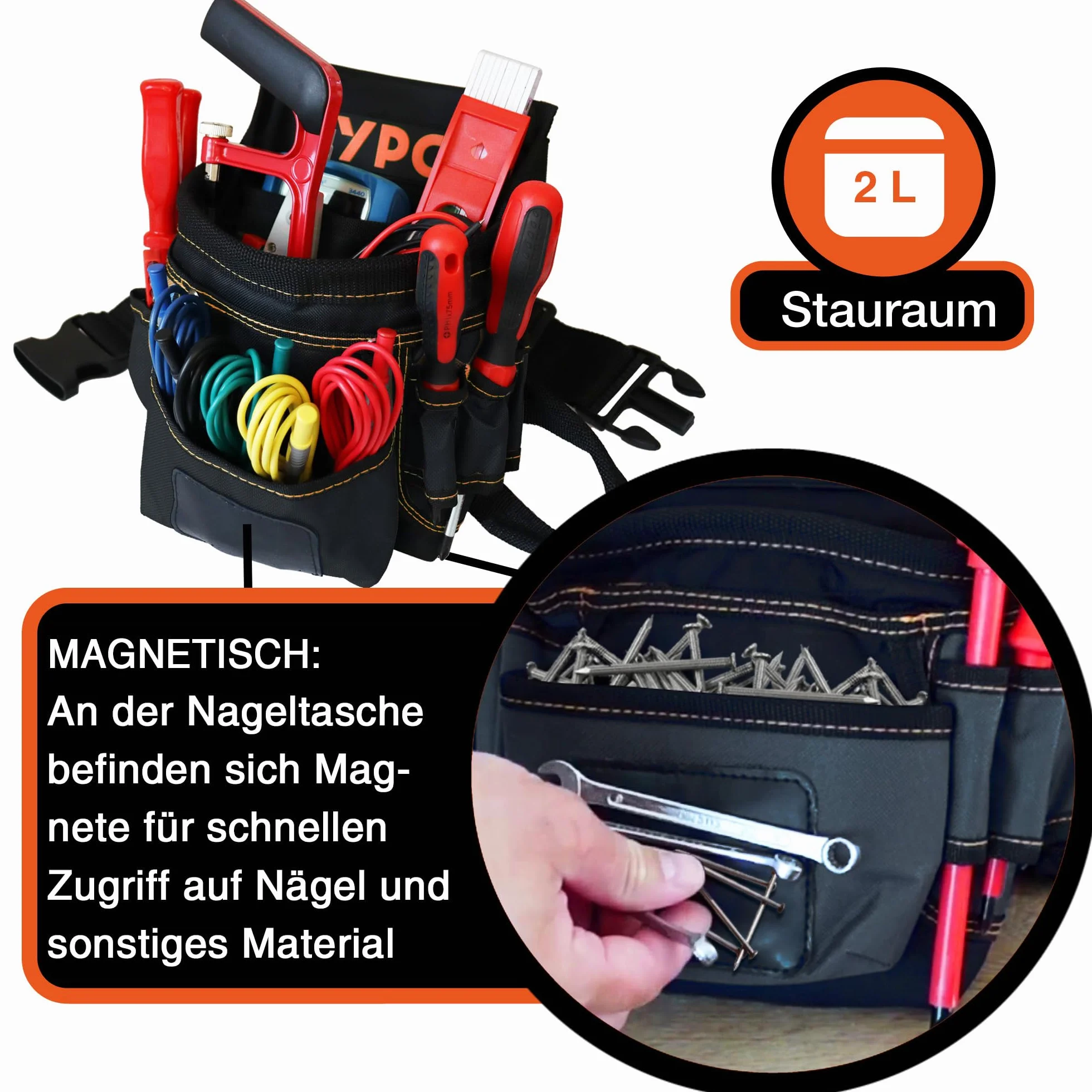 YPC Presto Tool - Marsupio XL per attrezzi, cintura da lavoro, impermeabile, con passante per martello, cintura in nylon antistrappo, 12 tasche, nero, 27 x 21 x 13 cm, portata 5 kg