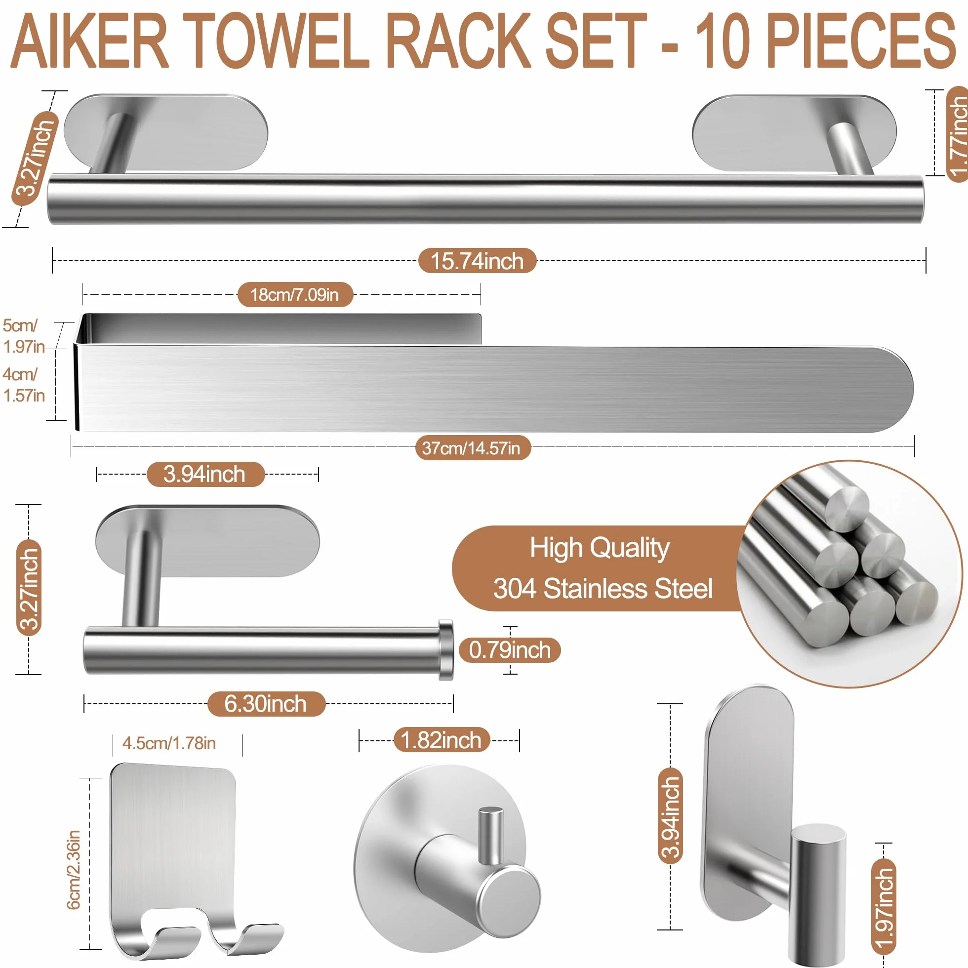 AIKER Porta Asciugamani Bagno Adesivo 10PCS Acciaio Inossidabile SUS304 Ispessito