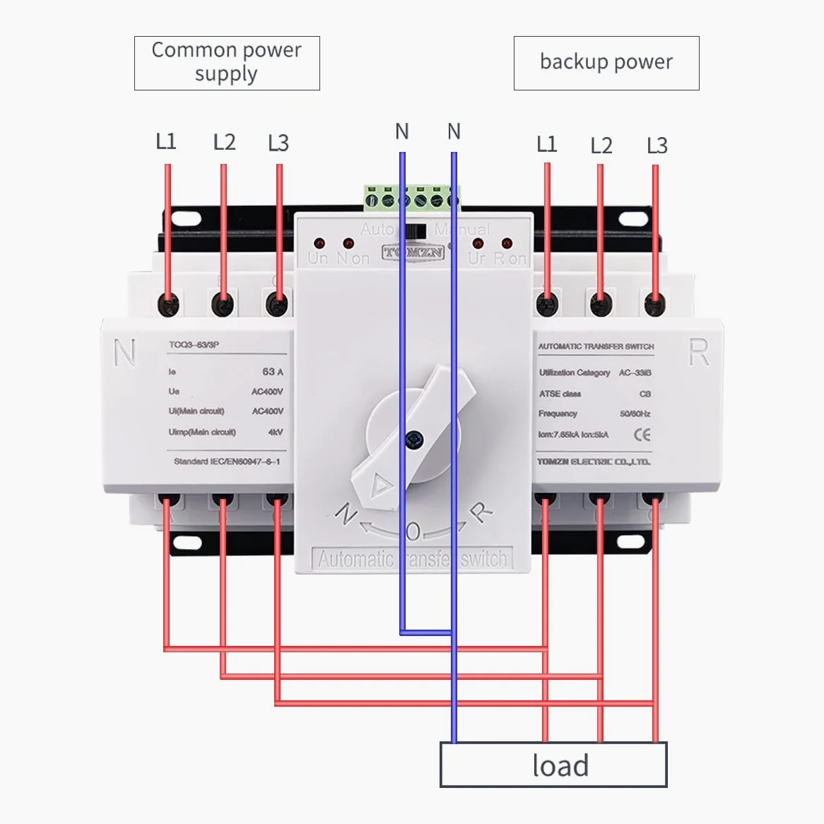 Interruttore Magnetotermico Differenziale 3P 63A 380 V 50/6 0Hz 3 Wire. MCB. Tipo Dual Power Switch di trasferimento automatico ATS
