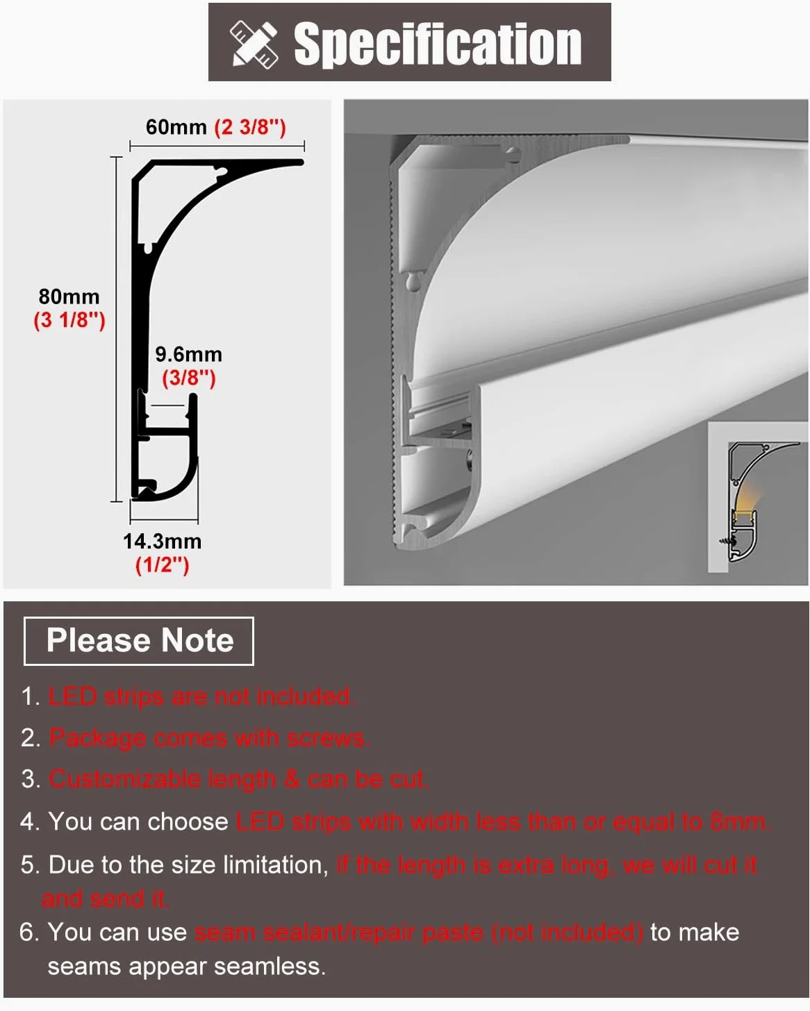 Dimensioni delle modanature per soffitti, Lunghezze Multiple del Rivestimento del Canale del diffusore LED con Modanatura a Corona del soffitto(19m (62.3ft))