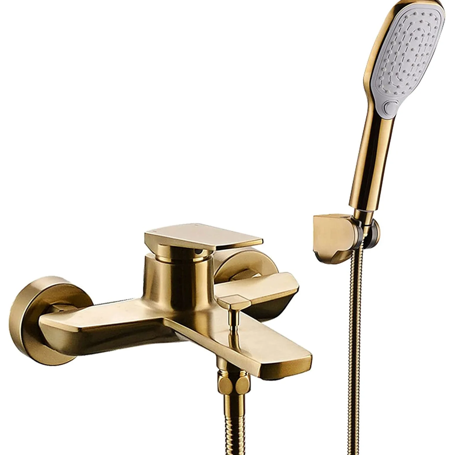 Rubinetto per Vasca da Bagno a Parete, Oro Spazzolato, con doccetta, spruzzatore per Bidet, Miscelatore monocomando, Set Doccia per Bagno, Ottone alla Moda