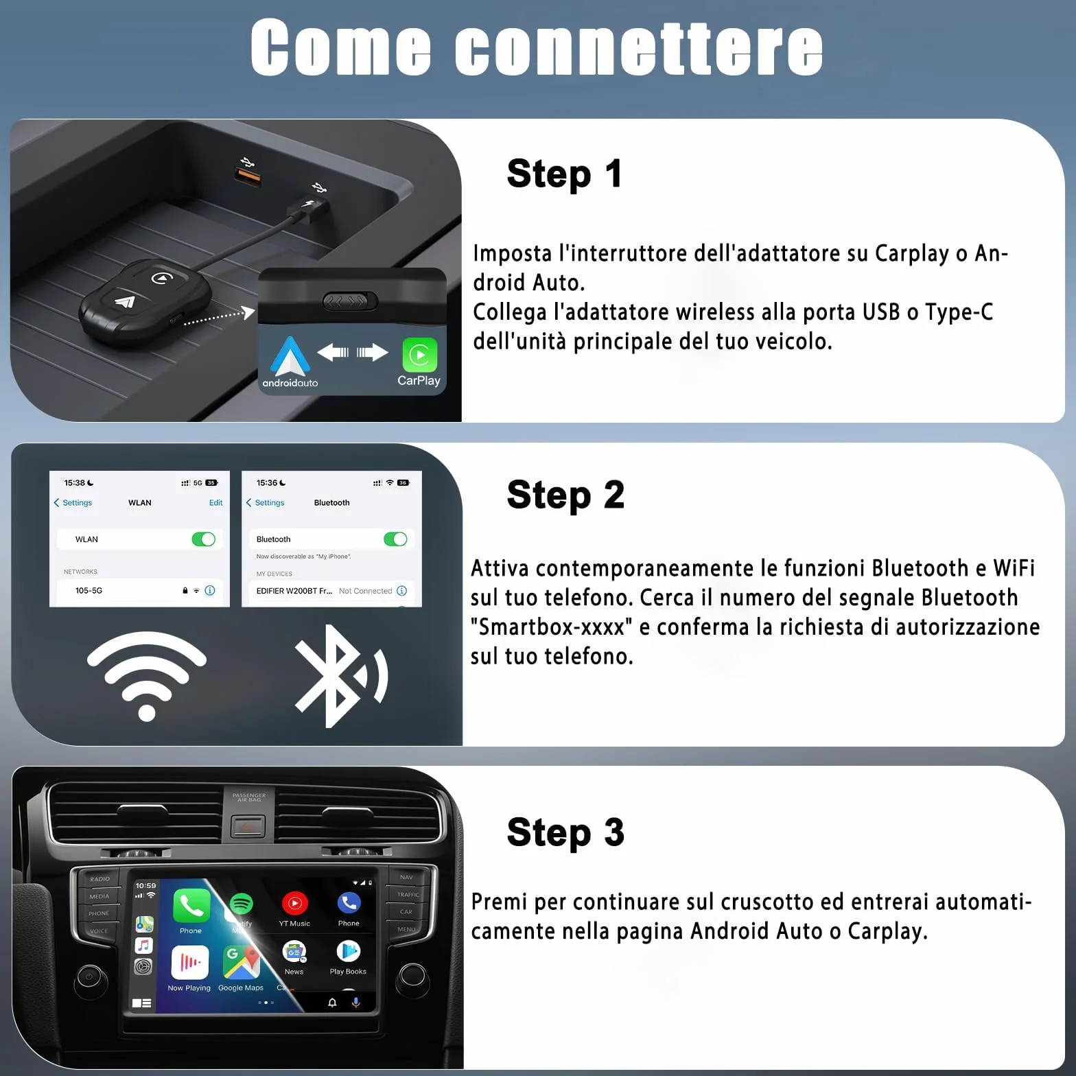 2025 CarPlay Wireless ios & Android Auto Wireless Adattatore [2-in-1], Adattatore Converti Wired in Wireless Android Auto Wireless per Auto con Funzione Carplay o Android Auto, connessione automatica