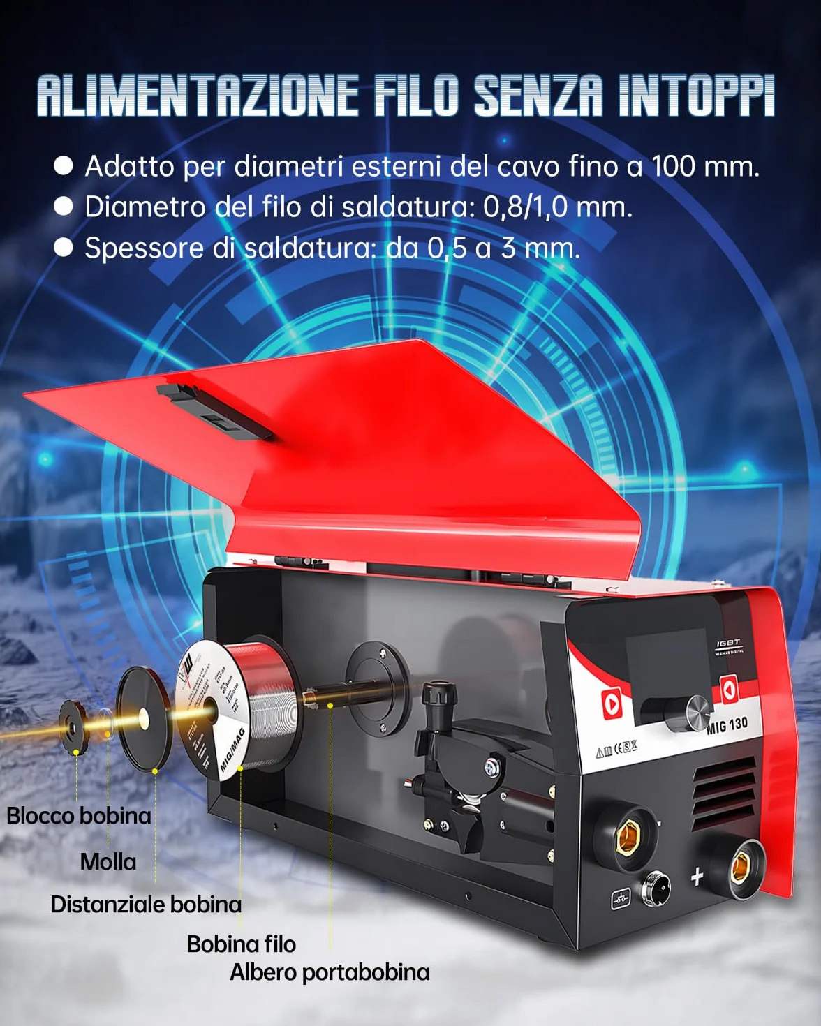 VECTOR WELDING MIG 130A Saldatrice a Filo Continuo No Gas 3 in 1 Inverter IGBT con Maschera Auto-Oscurante