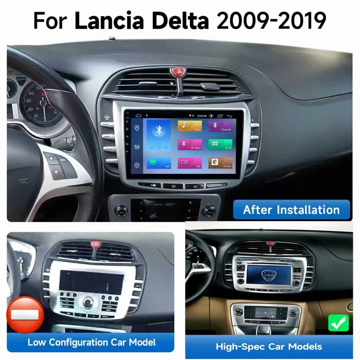 Lancia Delta [2008–2014] Autoradio CarPlay, Android Auto, 9 Pollici Touch GPS, Bluetooth, DSP, Wi-Fi, USB, Retrocamera, Playstore OCTACORE 4GB RAM 64GB ROM