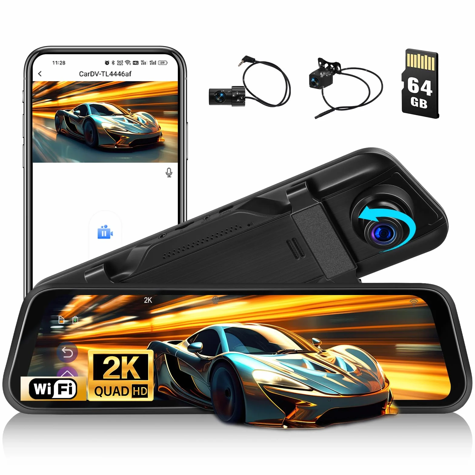 CAMECHO 9.66 Pollici 2K Mirror Dashcam Auto con 2 Telecamere 1080P, Anteriore 150° e Posteriore Dash Cam 120° con Linea inversa, Visione Notturna, Sensore G, Scheda da 64 GB WIFI APP