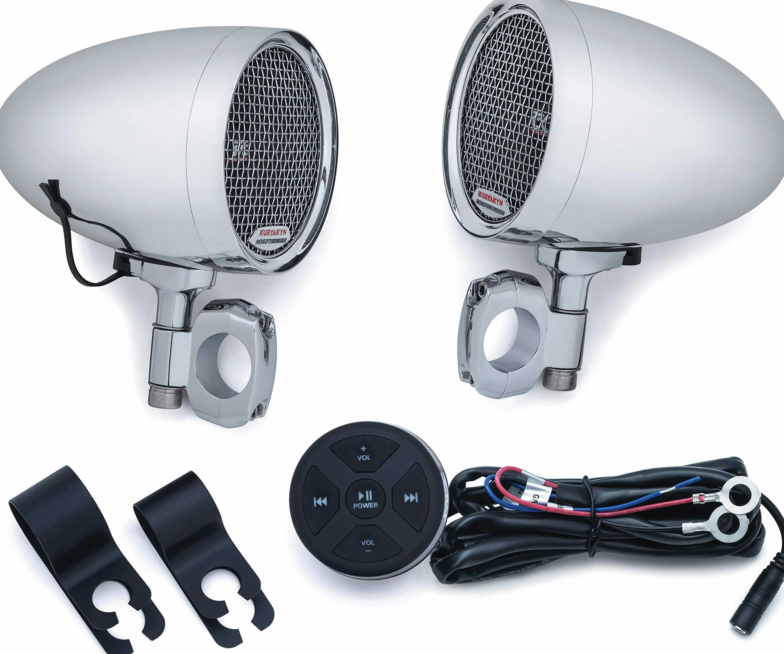 Kuryakyn 2712 MTX Road Thunder - Altoparlanti per moto, resistenti alle intemperie, da 100 Watt, con supporto per manubrio e controller audio Bluetooth, cromati