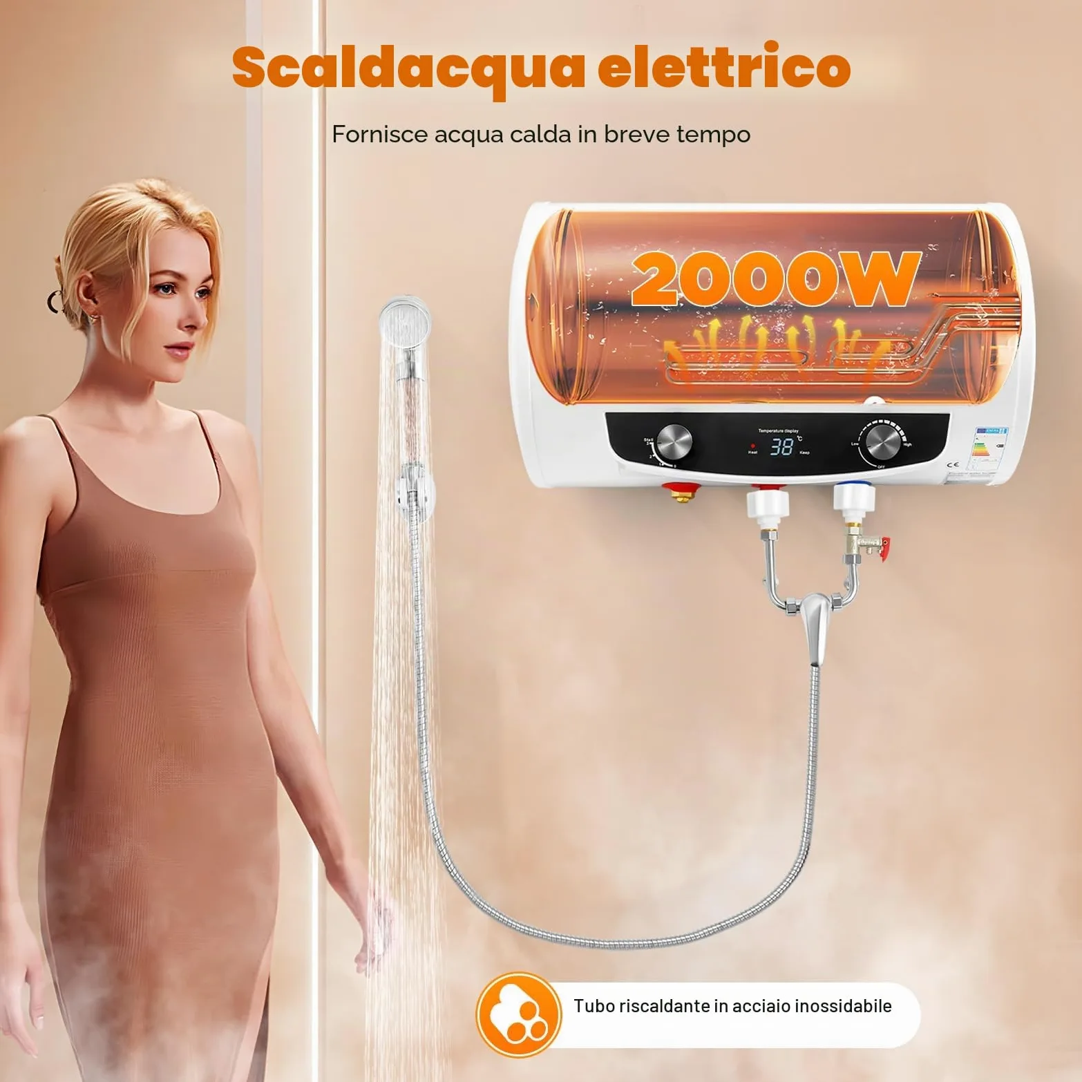 220V Scaldabagno compatto per cucina 2000W scaldacqua elettrico con serbatoio e display digitale con soffione per cucine, bagni, saloni di bellezza 35L 34 * 56cm