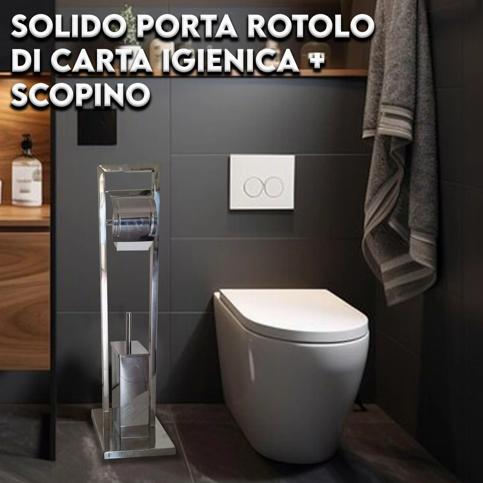 MAKA Portasciugamani da Terra in Metallo Argento Cromato Lucido Piantana da Bagno Con Bracci Portarotolo Carta Igienica Porta Scopino Toilette Moderno Regolabile Alluminio (Rotolo-Scopino)