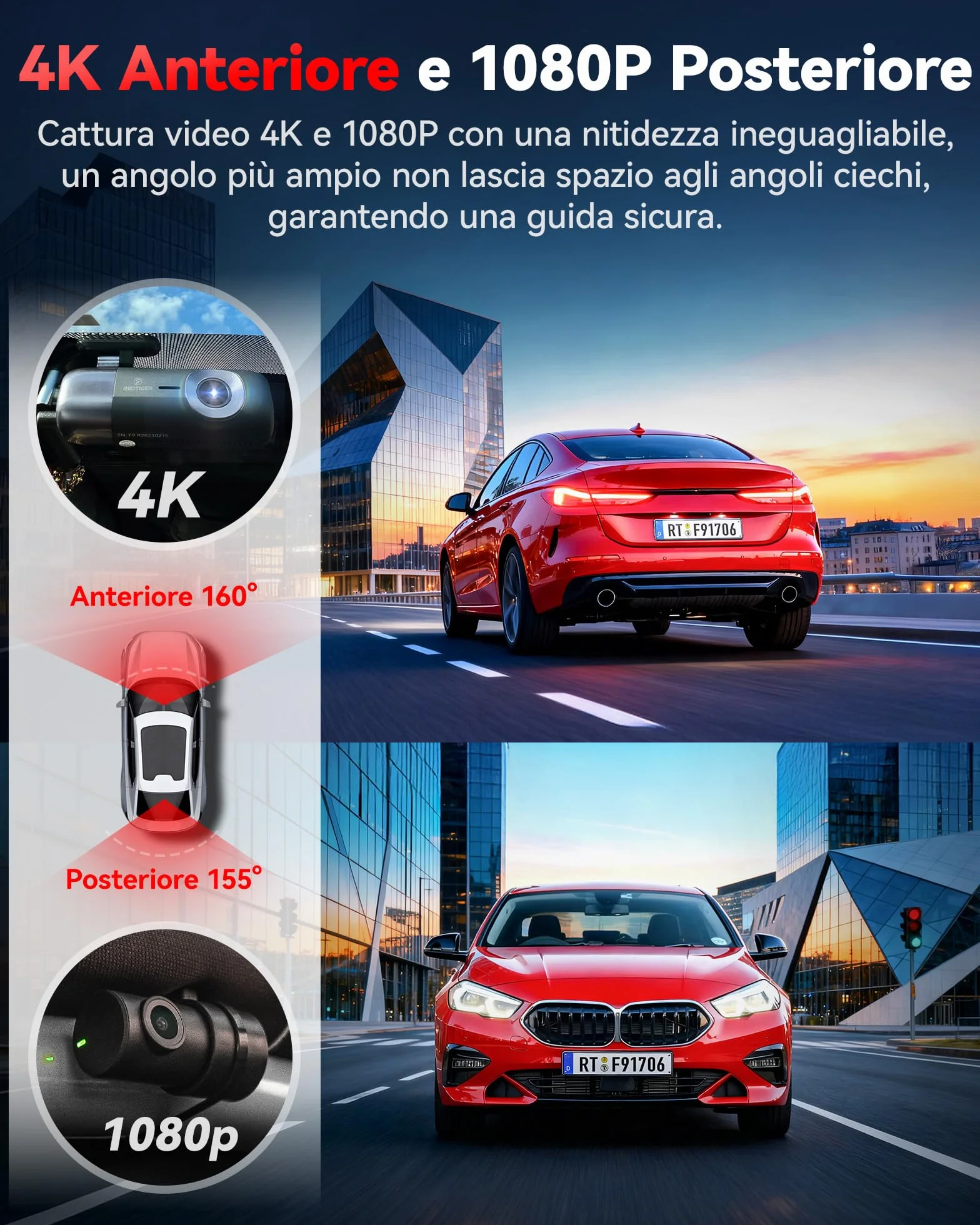 REDTIGER Dash Cam Auto 4K + 1080P, Anteriore e Posteriore, Dashcam Auto con WiFi e GPS, Registrazione in Loop, Modalità Parcheggio, Controllo APP,Supporto Massimo 256 GB(F9)