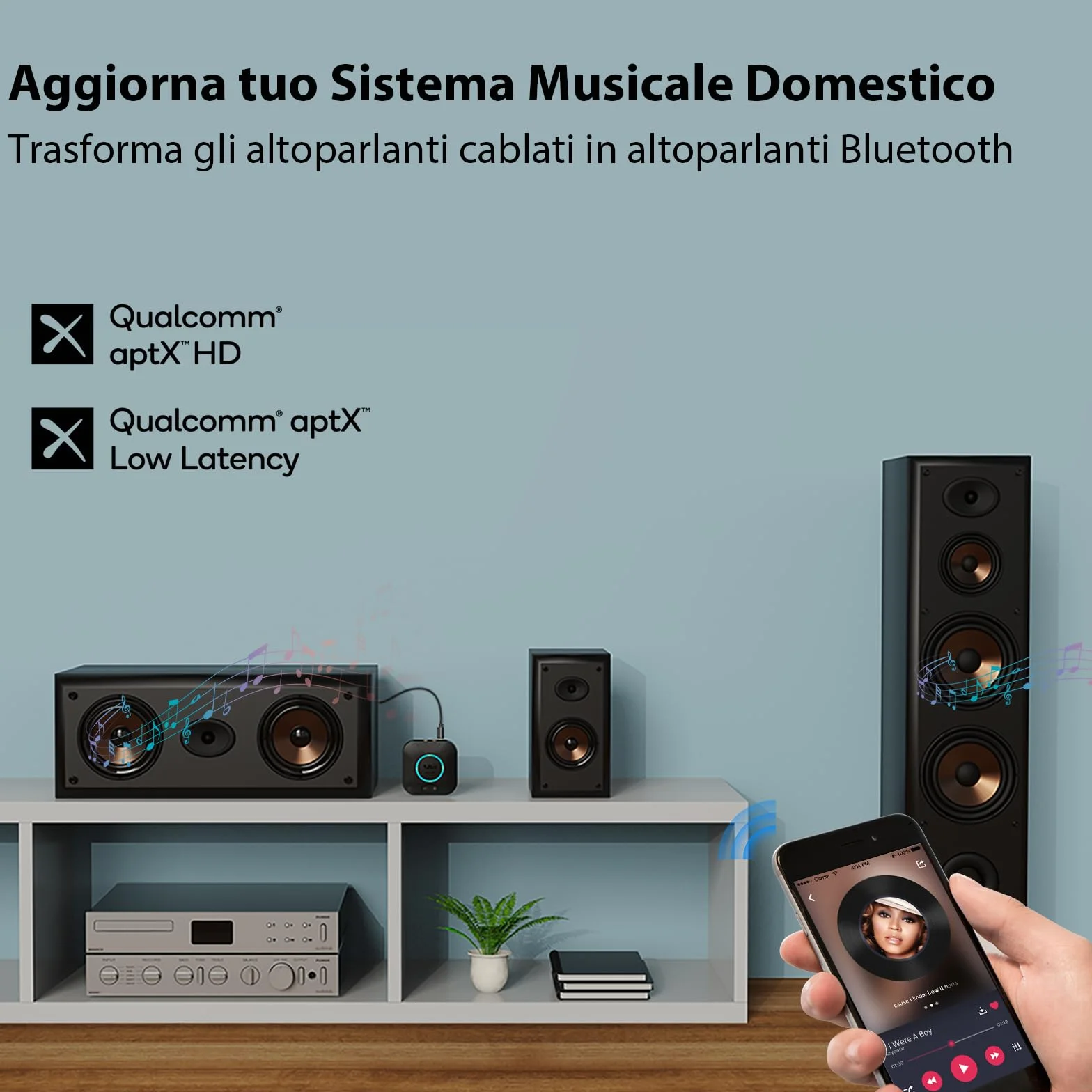 1Mii Ricevitore Bluetooth 5.3 HiFi, Adattatore Audio Bluetooth con Controllo Volume, Jack AUX e RCA aptX HD/Bassa Latenza Musica Wireless per Casse Attive, Impianto Stereo, Amplificatore, Lungo Raggio