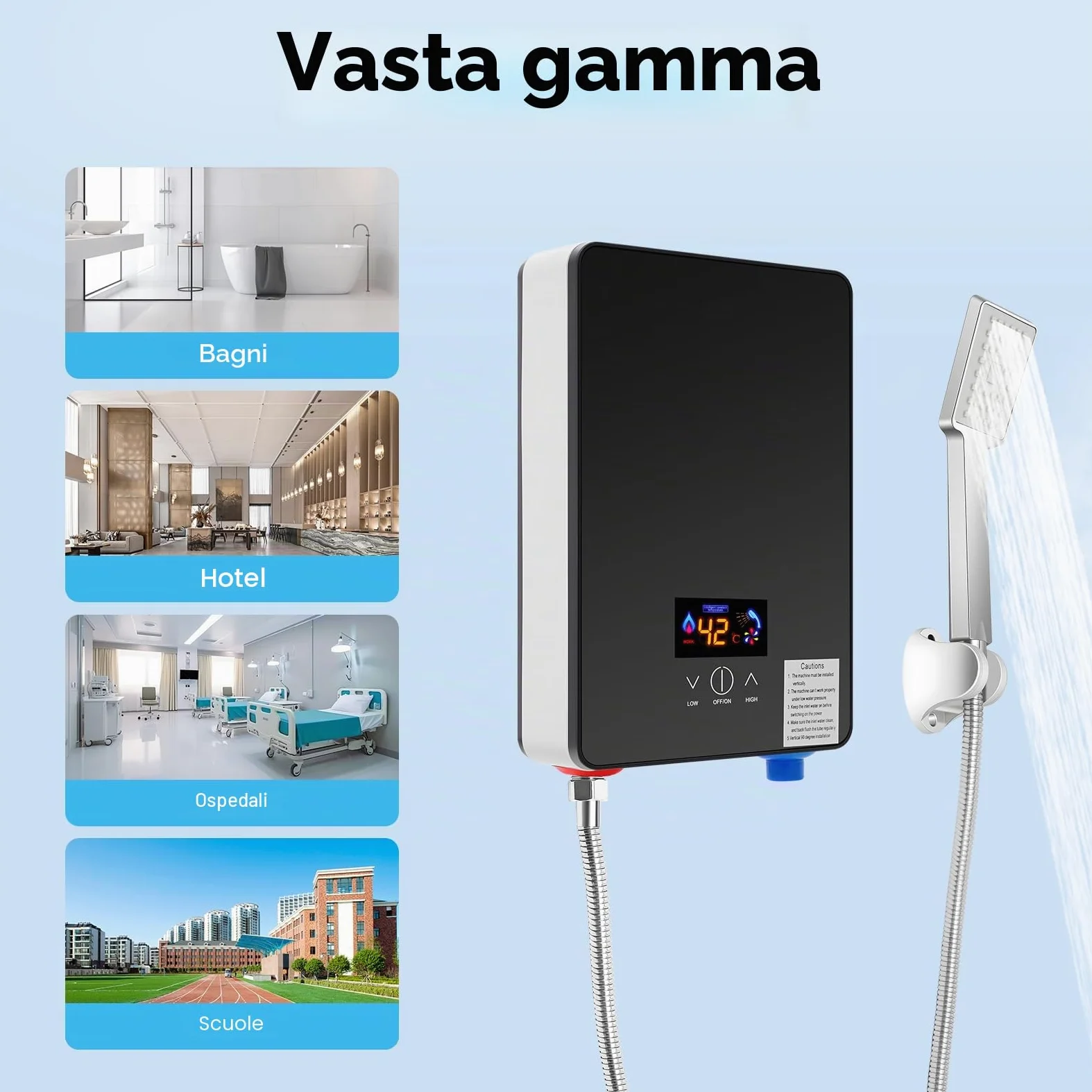Scaldabagno elettronico istantaneo, 6500 W, 220 V, scaldacqua istantanea Tankless con doccetta, 33-55 ℃, scaldabagno digitale LED per bagno e cucina