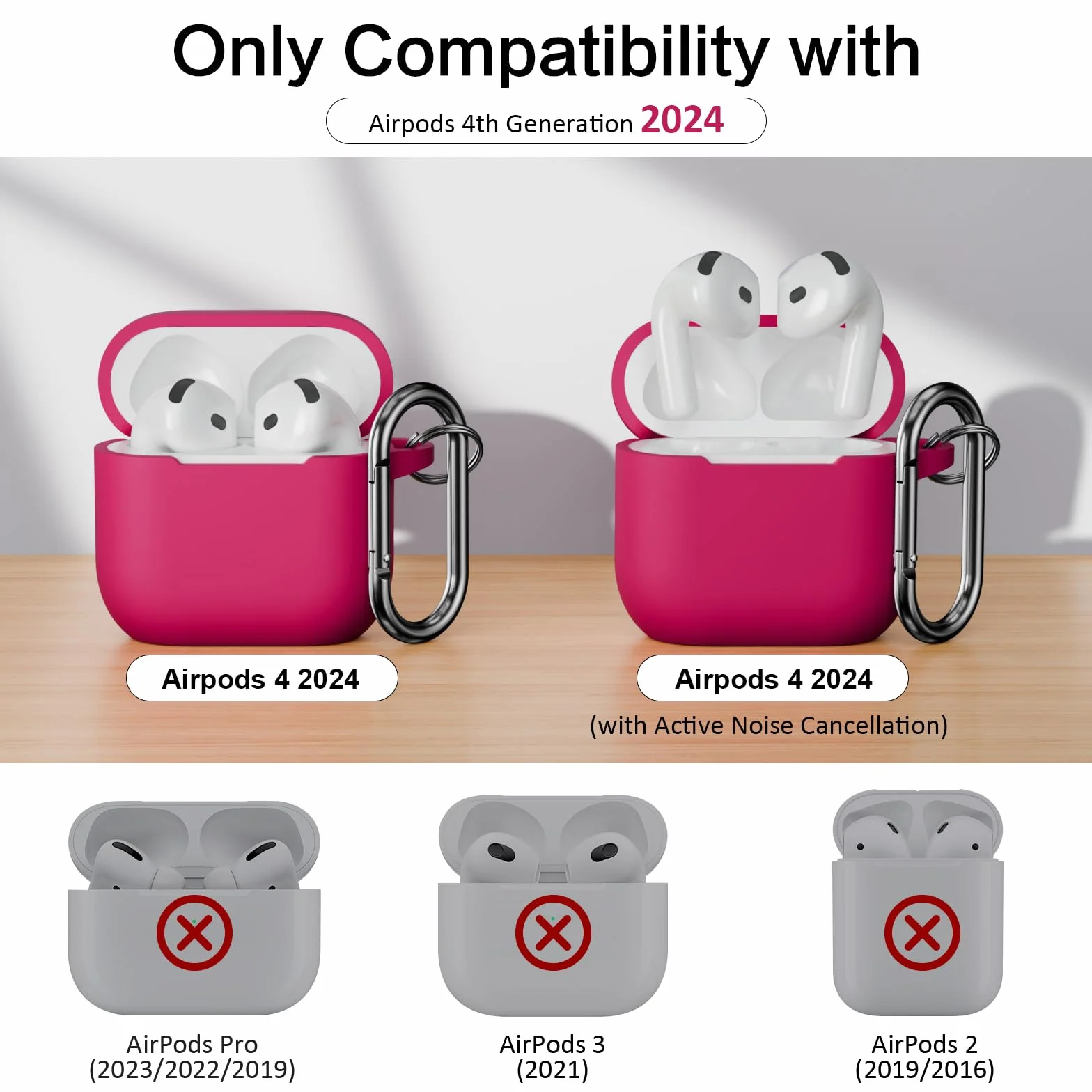 Compatibile con AirPods 4 Custodia Case Cover, Case Protettiva Antiurto Antiscivolo in Silicone per AirPods 4a Generazione (2024) (USB-C) Custodia con Moschettone, Rose Pink
