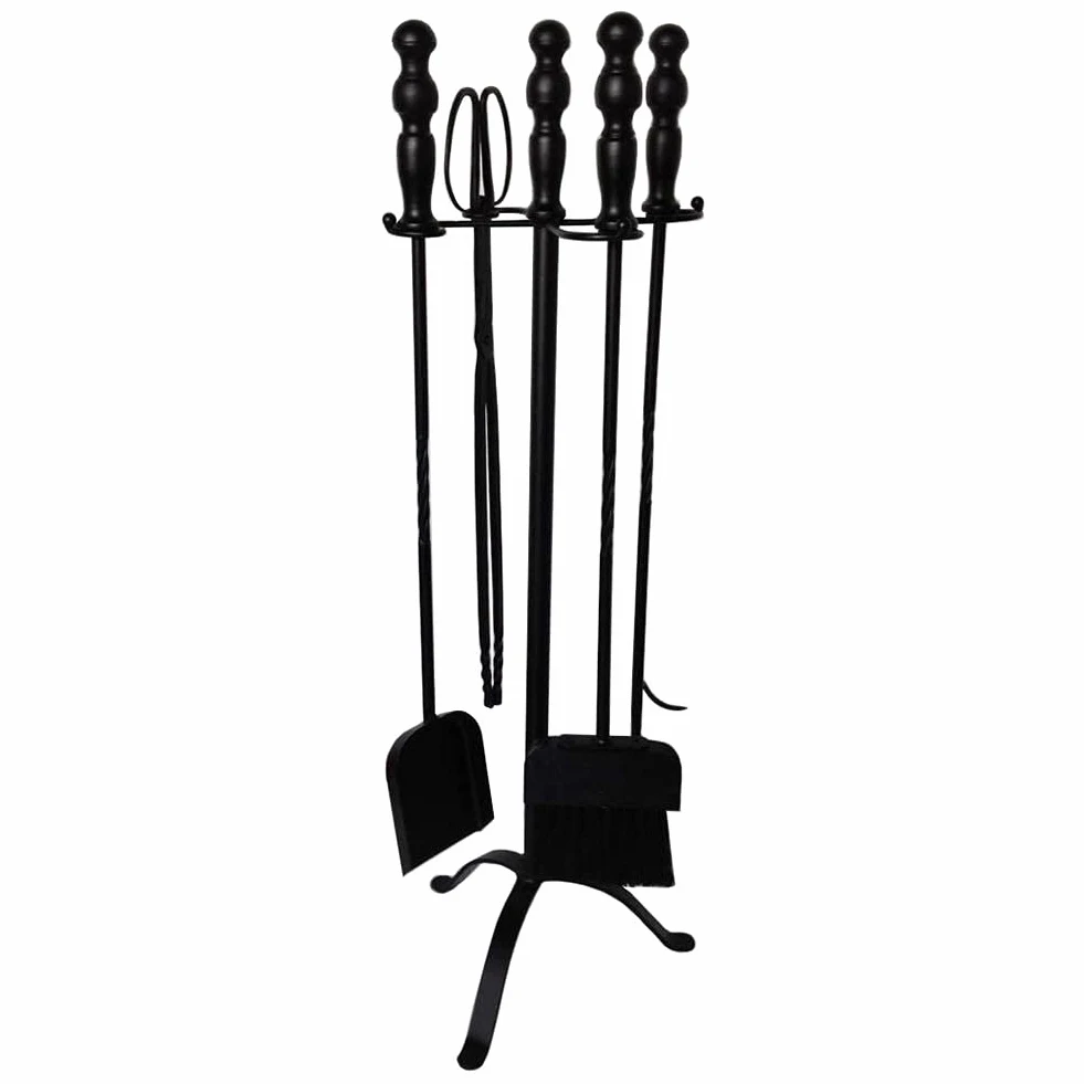 Set di Utensili per Camino 5 Pezzi Set di accompagnamento Tradizionale in Ferro battuto per Stufa a Legna e Carbone 75 cm Accessori Neri