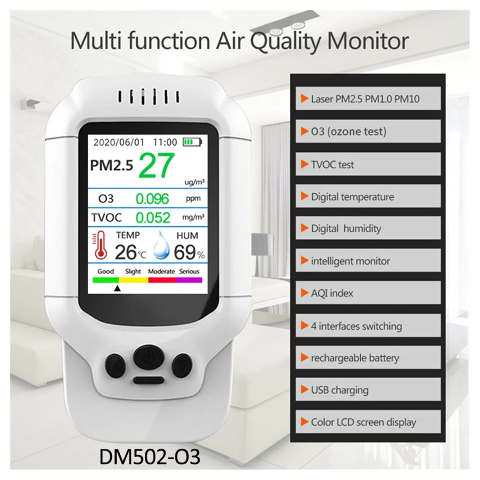 Rilevatore Gas, PM2.5/HCHO/TVOC Monitor di umidità della temperatura Tester di analisi della qualità dell'aria Analizzatore di rivelatore di gas di formaldeide ozono Misurazione per Lavoro, Casa(502O3