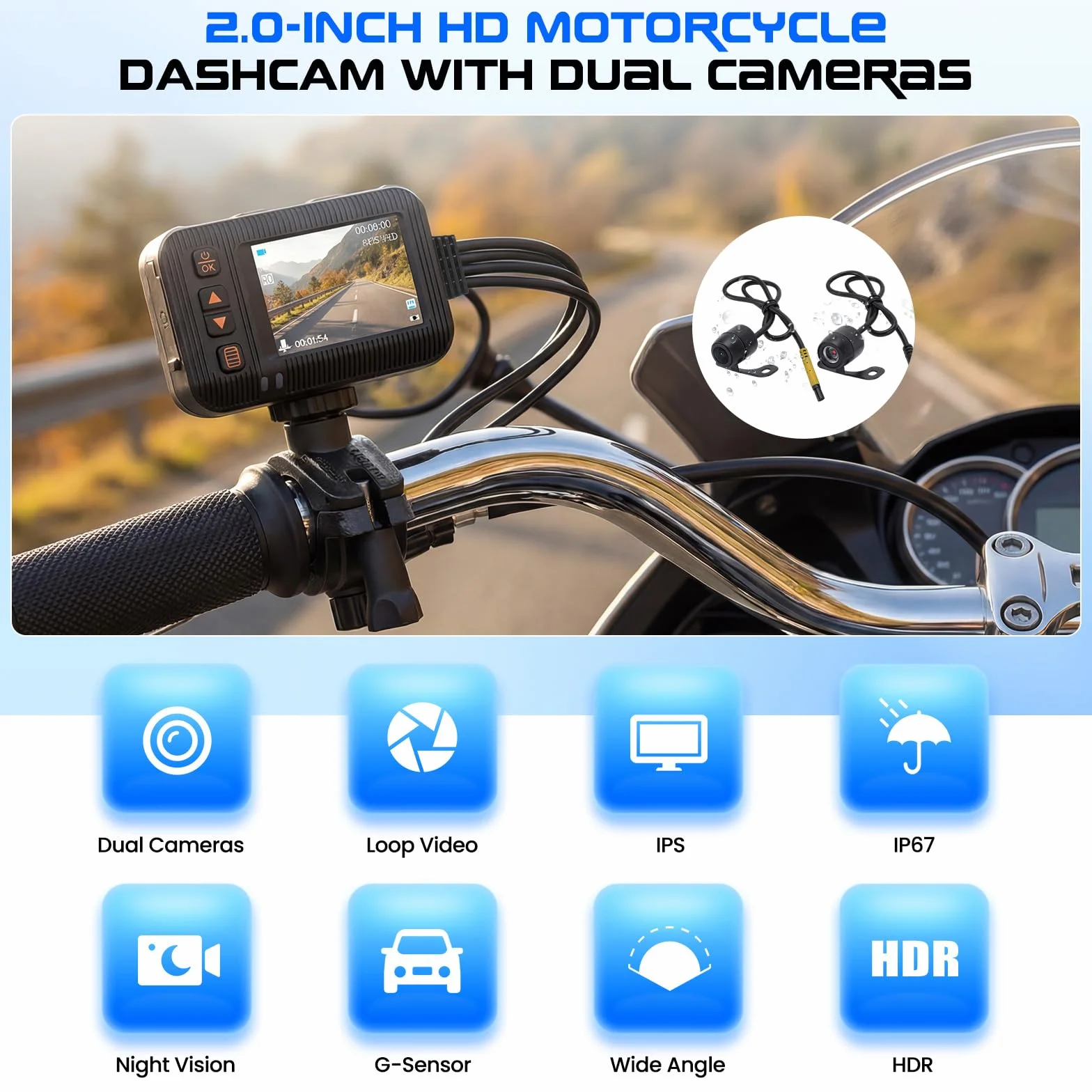CAMECHO 1080P HDR Dashcam per Moto con Telecamera Anteriore + Posteriore, Sensore G Dash Cam Moto con Registrazione in Ciclo, IP67, Schermo IPS HD da 2 Pollici, Supporto Universale per Moto