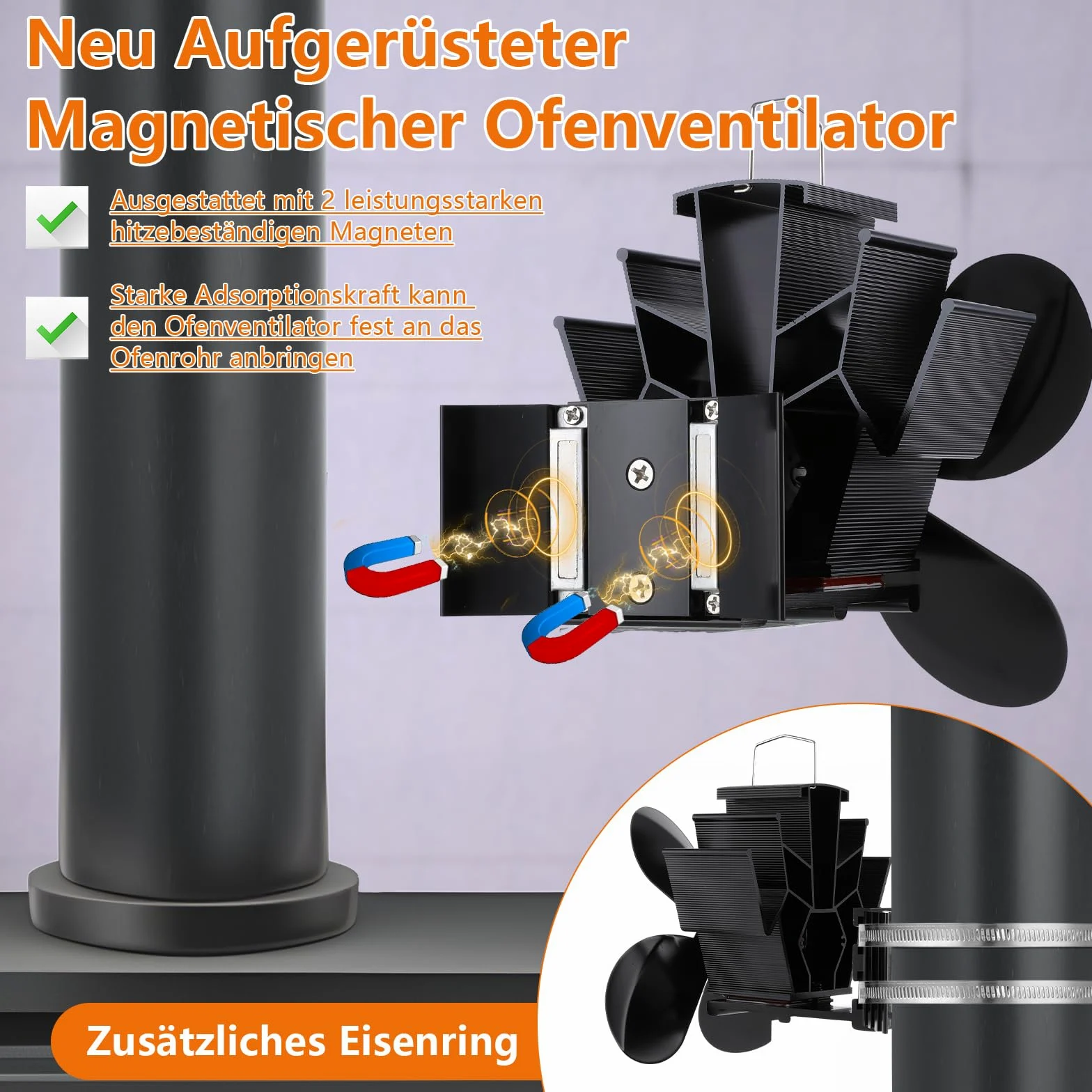 Hanaoyo Ventilatore per camino, magnetico, migliorato senza corrente, silenzioso, ventilatore per legna da ardere, focolare e stufa, ventilatore per canna fumaria con 2 anelli di ricambio