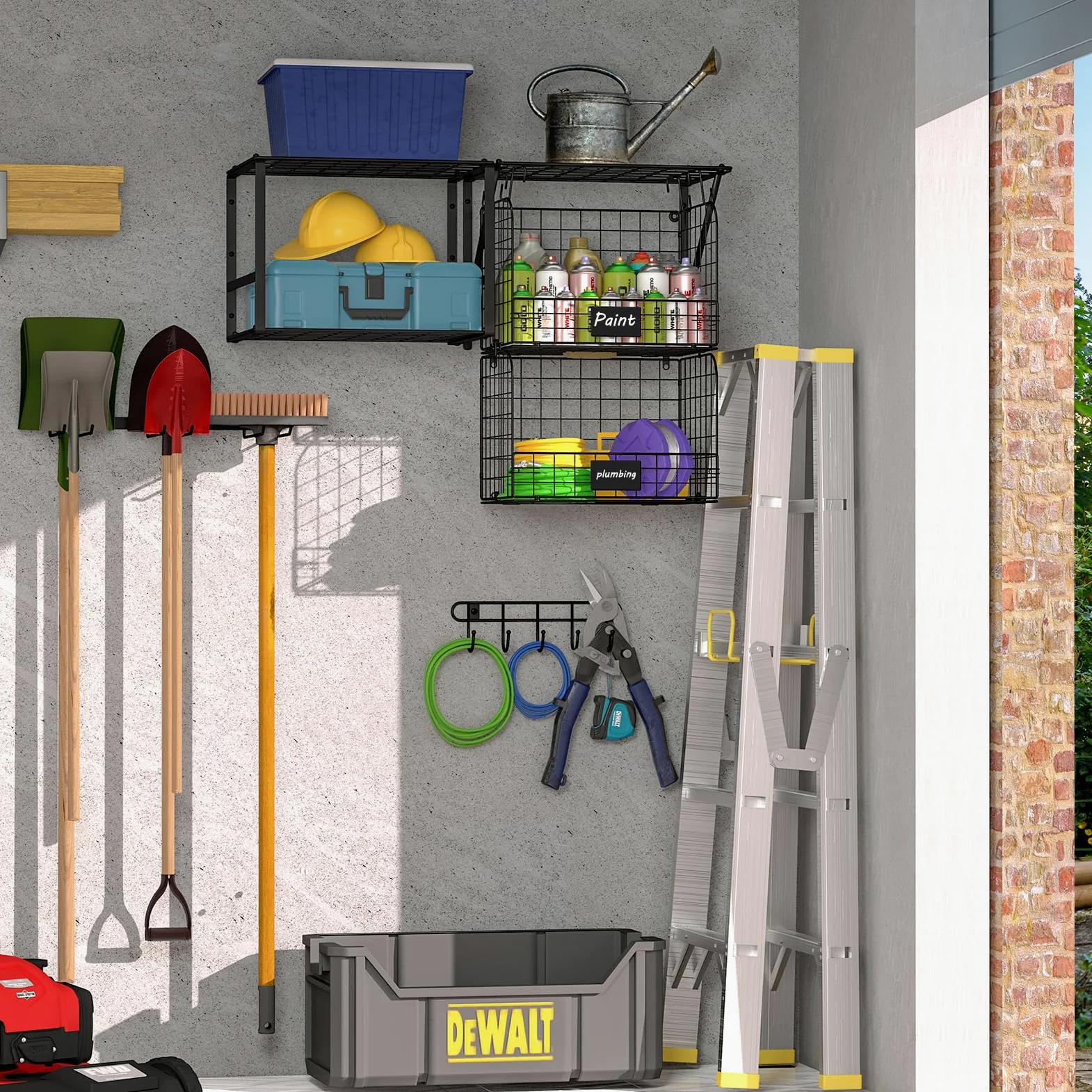 ThreeHio Mensola da garage a parete con cesti metallici, resistente mensola da parete per garage con scaffale per attrezzi da giardino e ganci, organizer per attrezzi per casa, giardino, cortile e