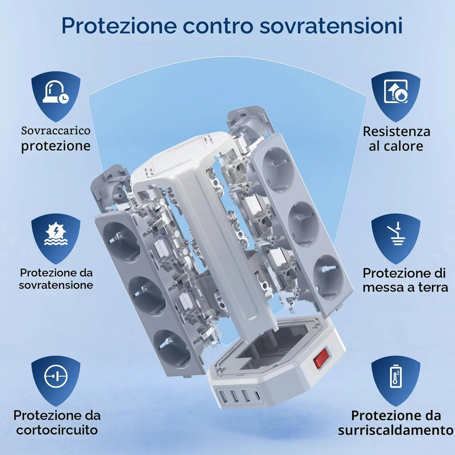 Sameriver, Ciabatta multipla con interruttore, 12 prese, con 3 USB A+1 USB C, ciabatta con cavo di prolunga da 5 m, protezione da sovratensione per casa, ufficio F (Schuko)