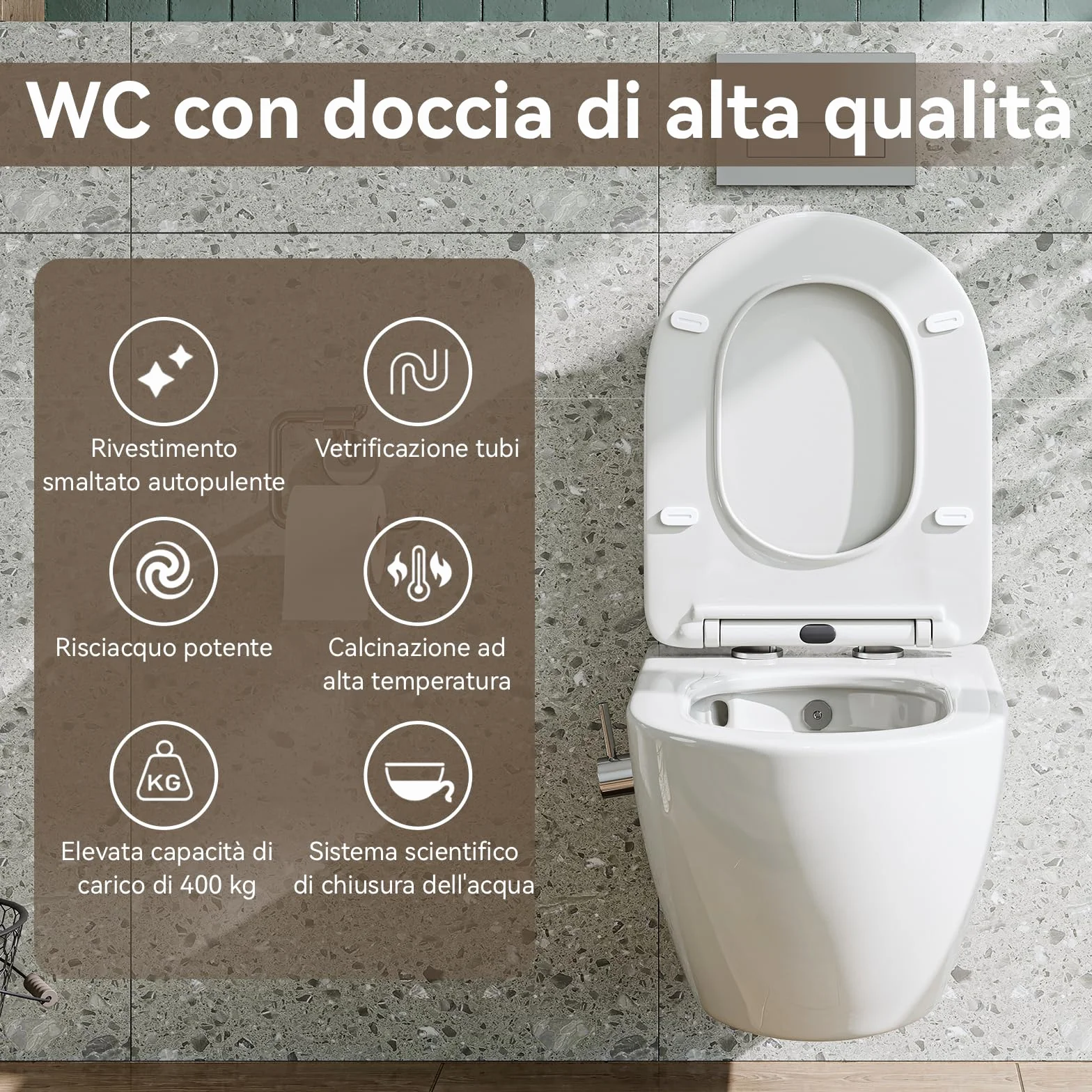 HOROW WC sospeso con bidet integrato, nano-rivestimento, sedile con abbassamento automatico, acqua fredda, 53x36x35 cm