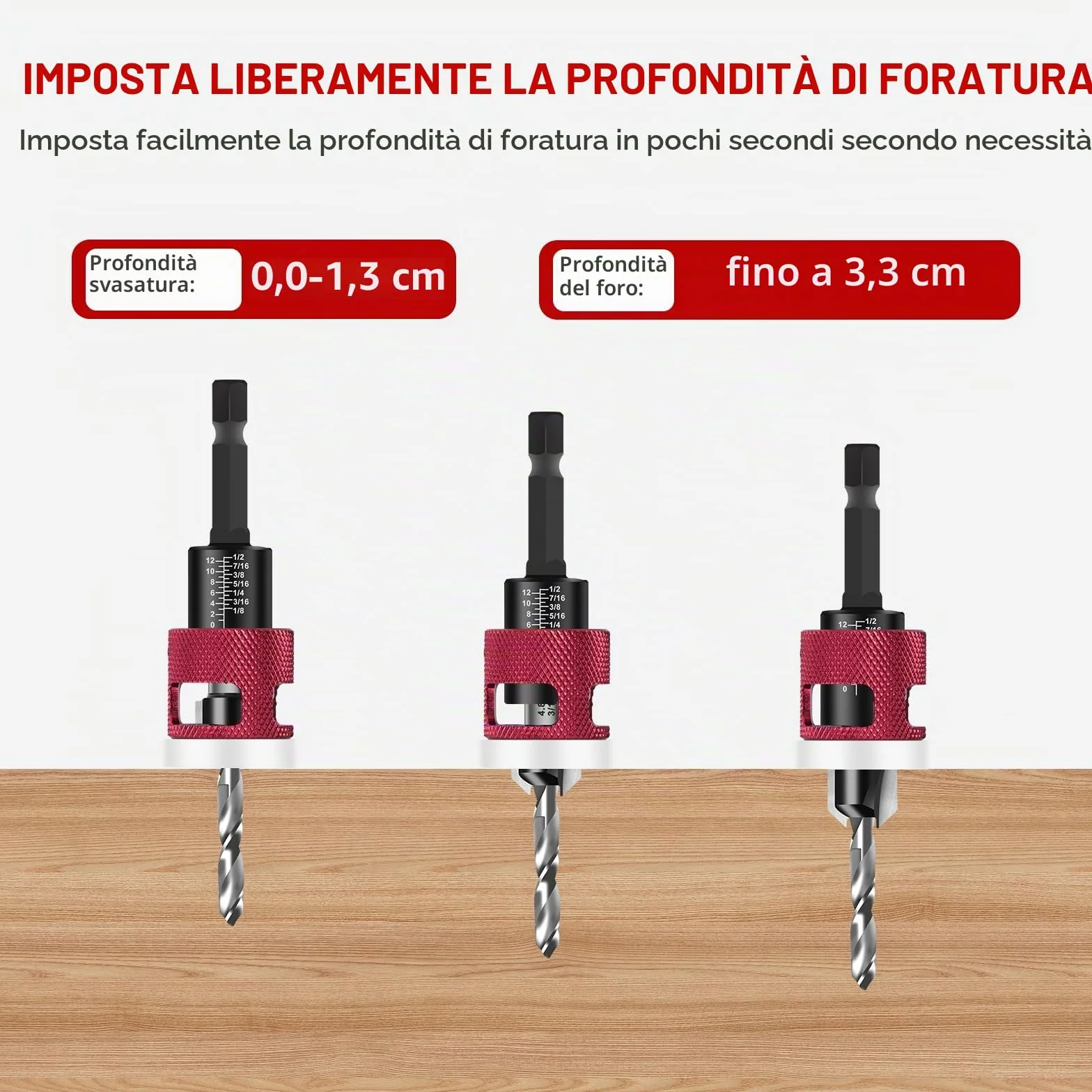 Set di 5 punte per trapano a svasatura per legno HSS-M2 attacco esagonale