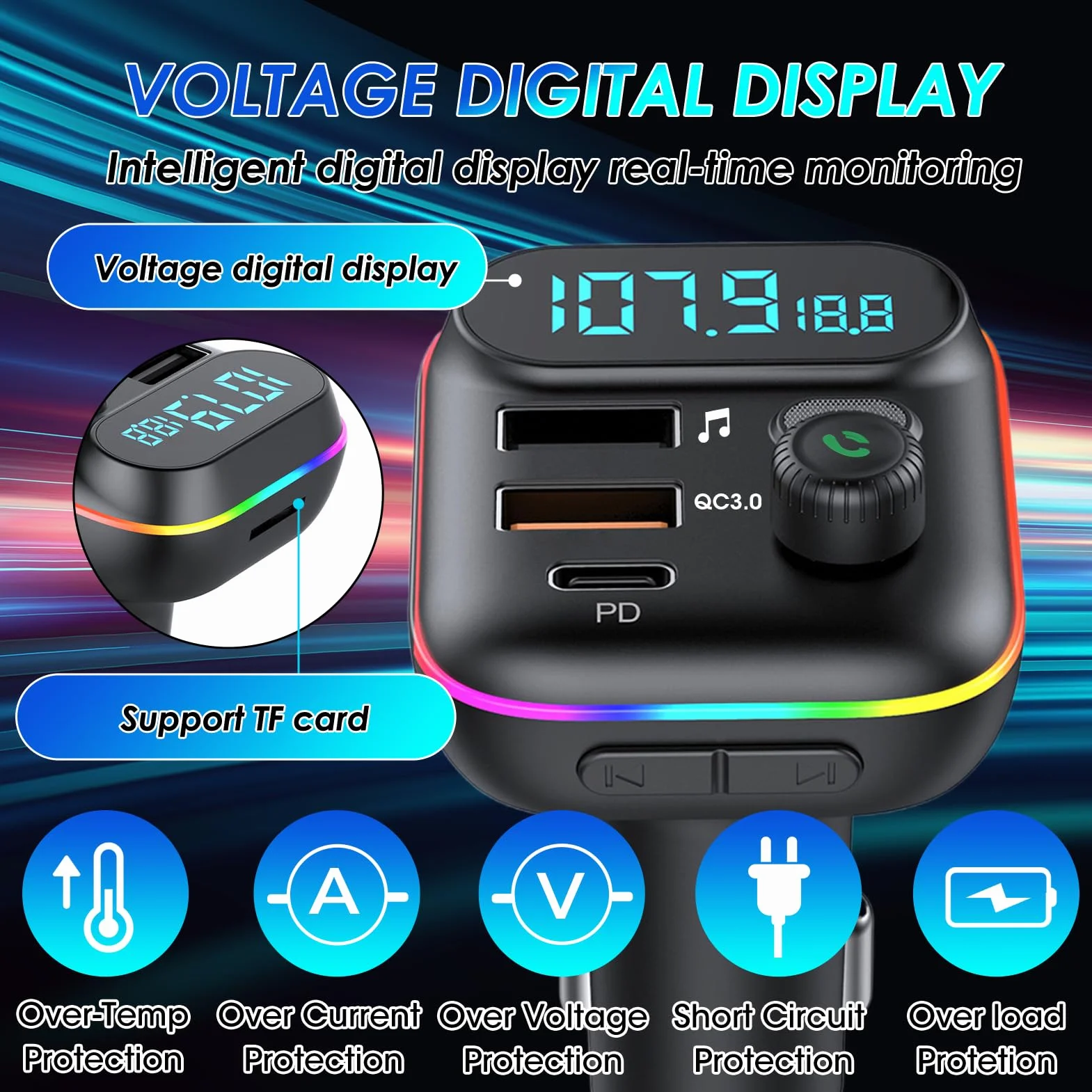 Trasmettitore FM Bluetooth Auto 5.0, Adattatore Bluetooth Audio QC3.0 Ricarica Rapida 2USB y 1PD 18W per Chiamate Vivavoce e Musica, Accendisigari con LED Display, Supporta USB e TF