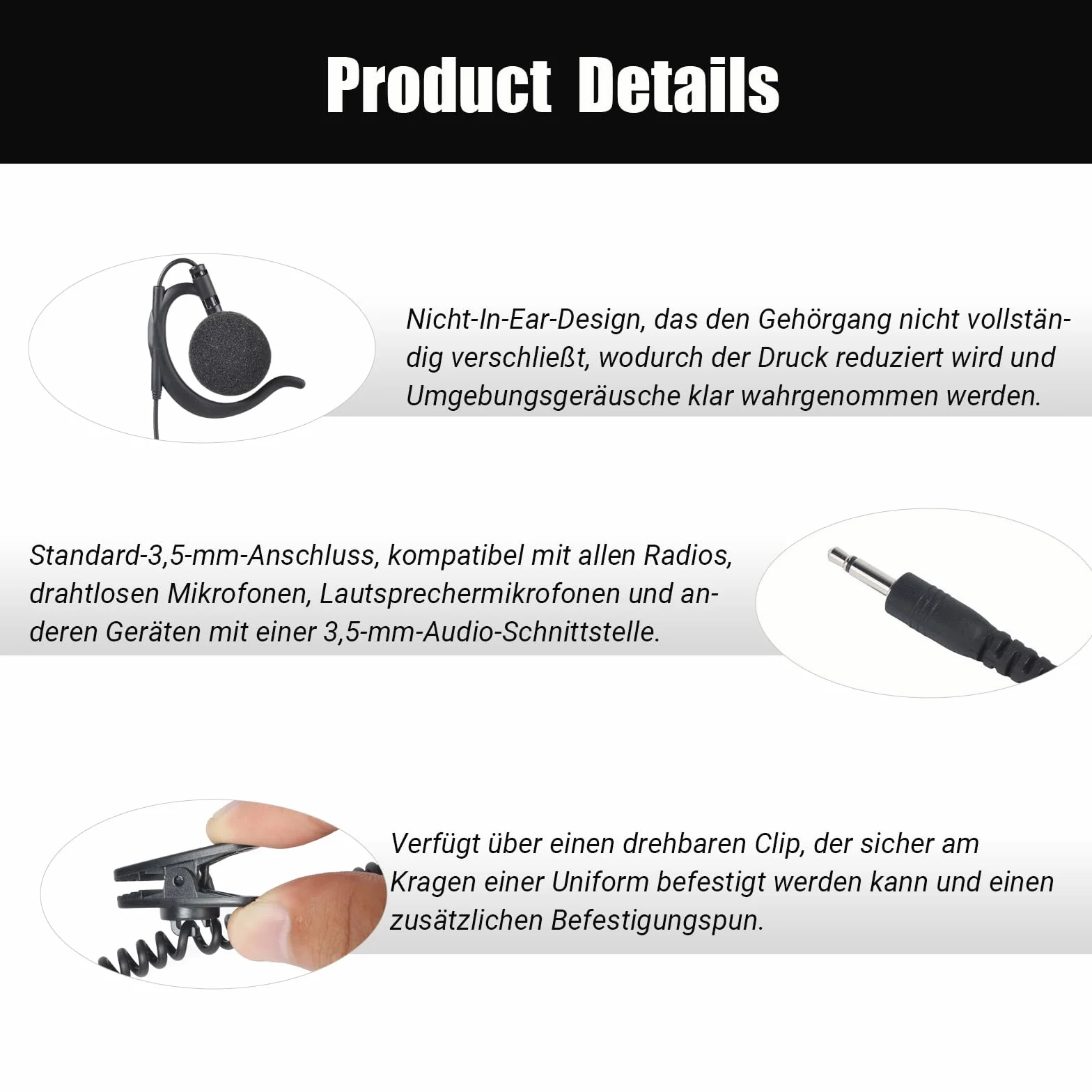 UAYESOK Auricolare radio leggero a 1 pin da 3,5 mm, solo per ascolto, design on-ear, cuffia tattica per forze dell'ordine per walkie-talkie Kenwood Motorola con microfono altoparlante