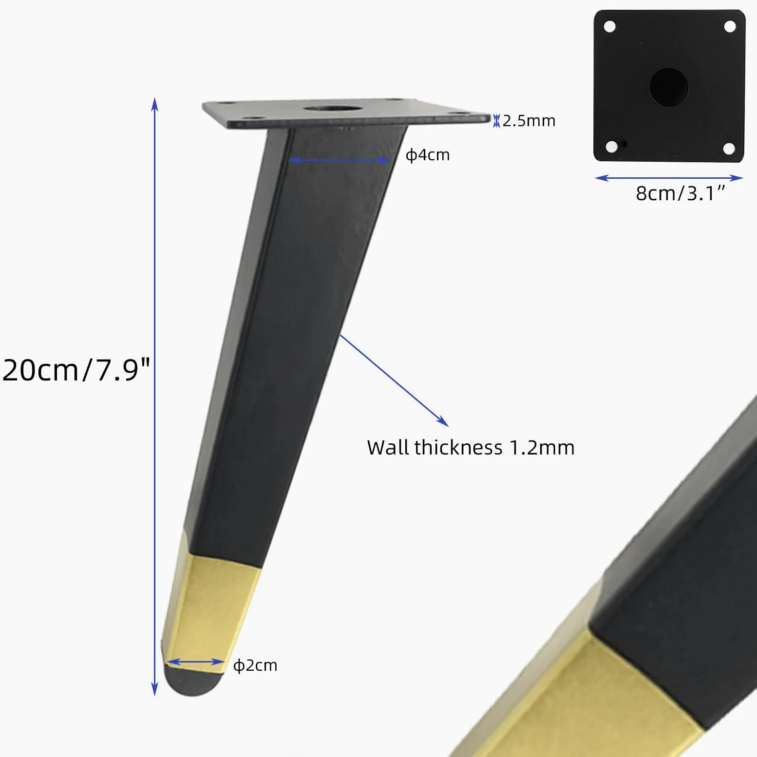 Generico Gambe per Mobili Piedini per Tavolo in Metallo da 20 cm 4 Pezzi Supporto in Ferro Nero E Oro Vernice Spray Piedini per Divano Altezza: 13-20 cm Piedini per Mobile da 20 cm/7,9"