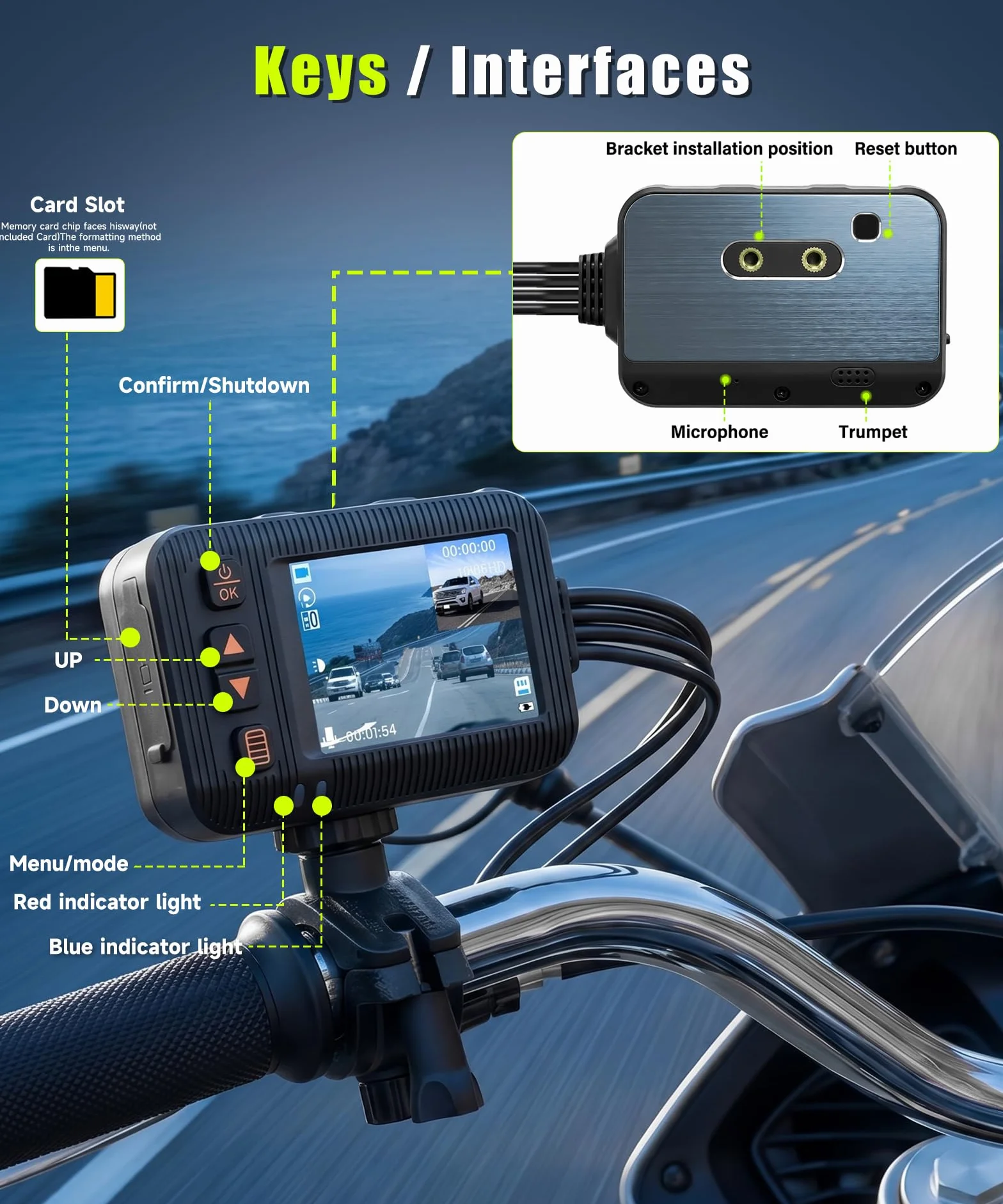 Rimoody Dashcam per Moto 1080P con Due Telecamere, 2" Schermo, Telecamera a Doppia Lente Anteriore e Posteriore, IP67 Impermeabile, Visione Notturna, G-Sensor, Loop Video, Monitoraggio di Parcheggio
