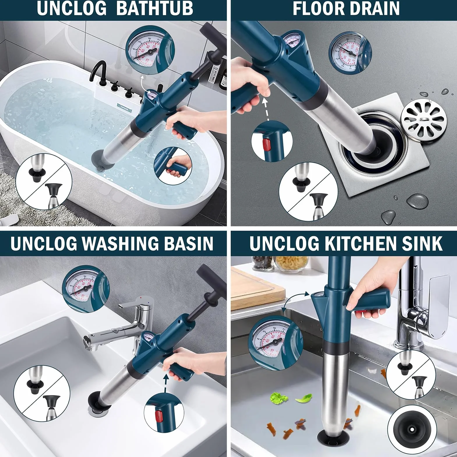 Stura WC Professionale, Pompa Scarichi a Pressione, Sturatubi Aria Compressa, 3 Ventose