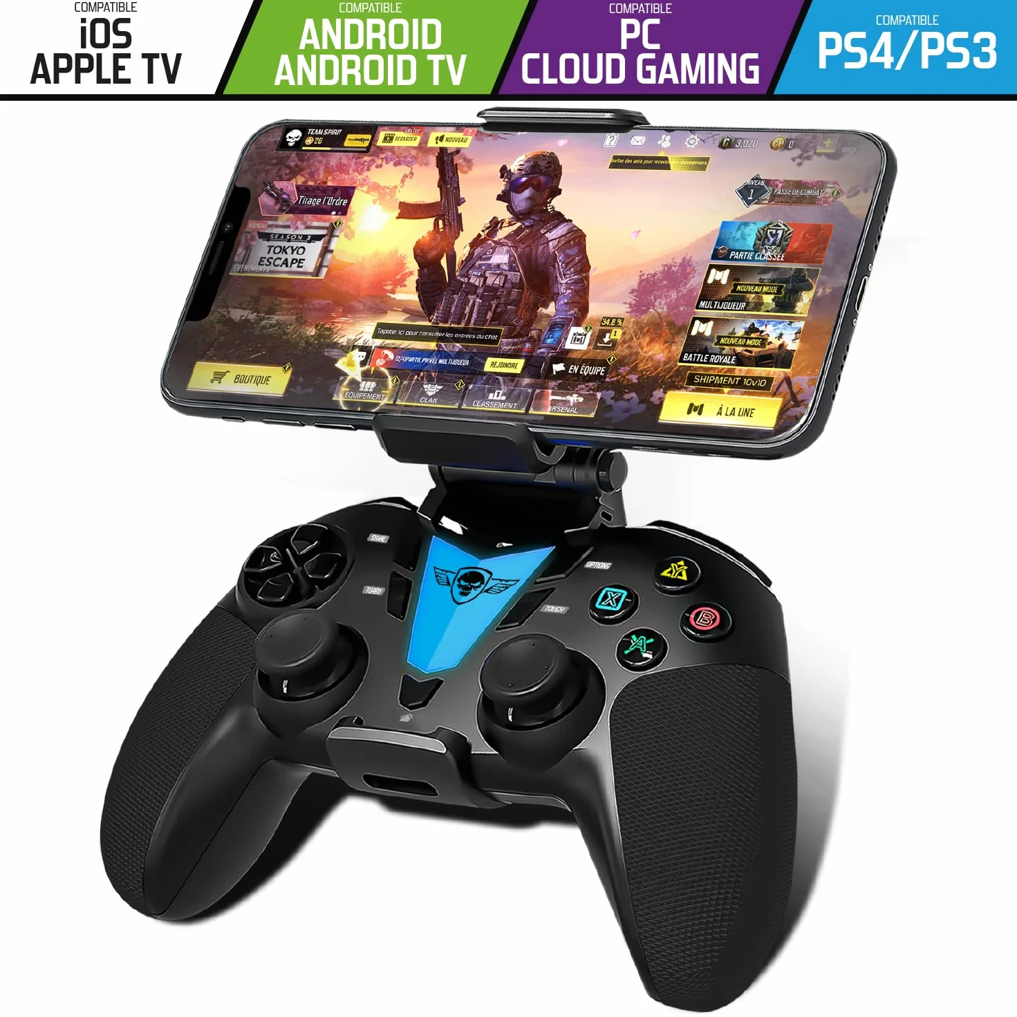 Controller per Telefono Android Bluetooth con Tasto Programmabile + Supporto Smartphone | Compatibile con Iphone, Apple TV, IOS, Android, PS4, PS3 e PC | Gioca a Fortnite, Call of Duty su Cellulare