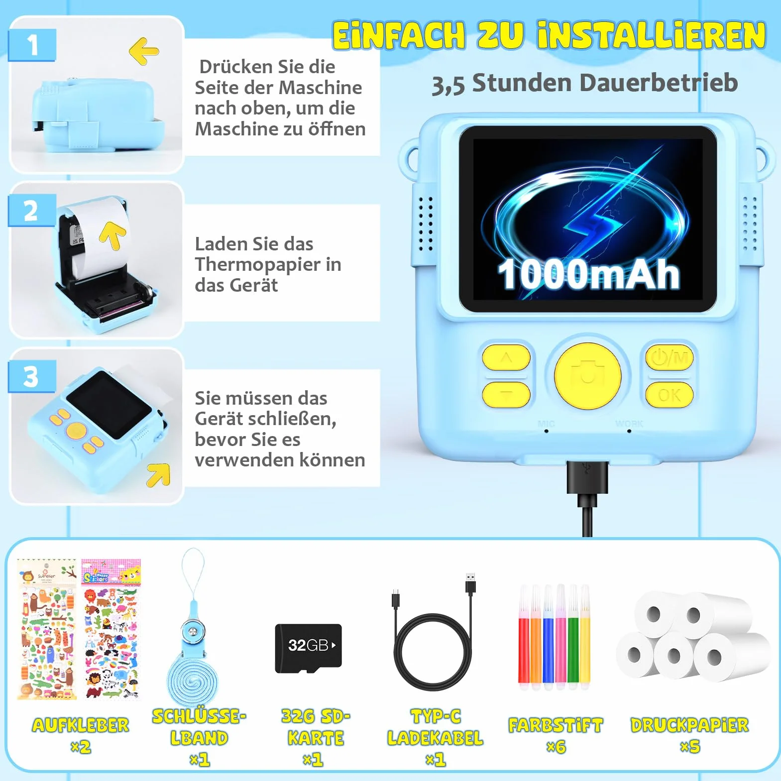 Fotocamera digitale per bambini, con stampa istantanea, 1080P, in bianco e nero, per foto (blu)..
