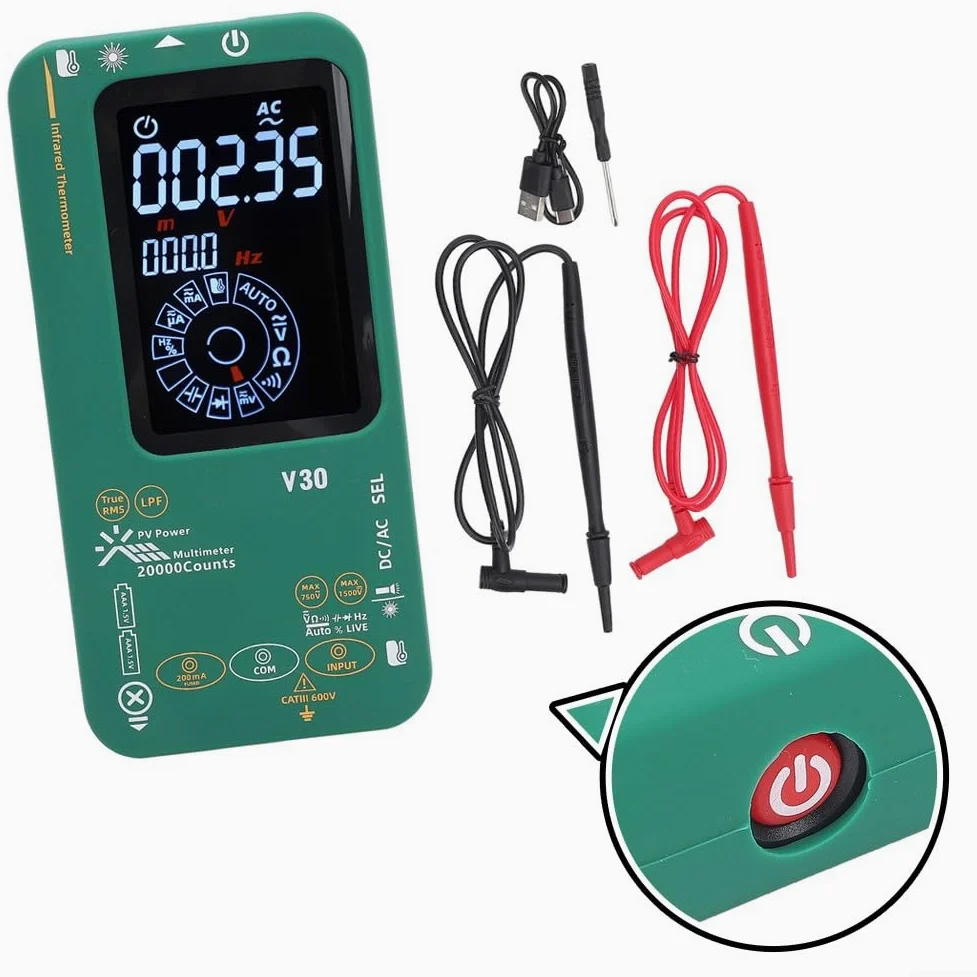 V30 Multimetro digitale con termometro a infrarossi 20000 conteggi gamma automatica doppia potenza per test pannello solare fotovoltaico verde