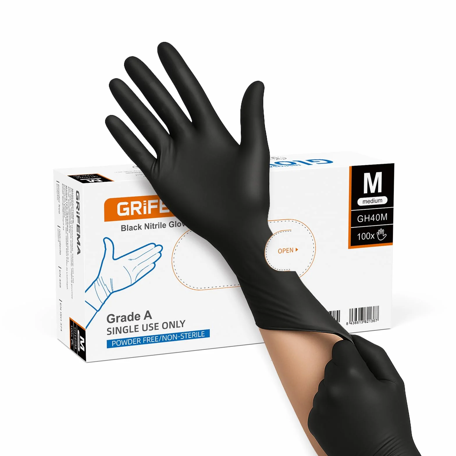 GRIFEMA Guanti in Nitrile Neri 100 Pezzi Taglia, Monouso Senza Polvere e Lattice, Uso Alimentare, Alta Sensibilità Tattile, EN 455/374-M