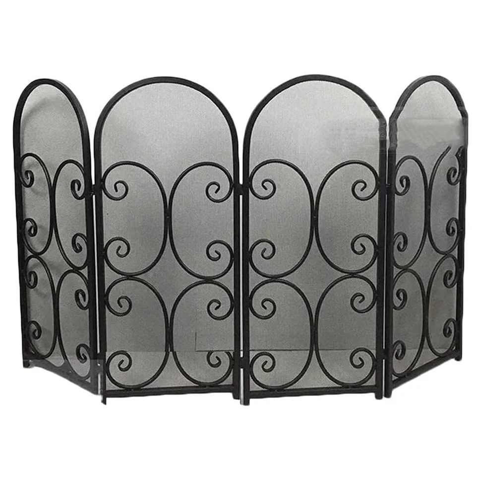 Parascintille a 4 Pannelli, Pannello Parascintille in Ferro, Protezione per Camino di Sicurezza in Rete Metallica per Legno, Design Decorativo a Scorrimento per Neonati/Bambini/Animali Domestici, Nero