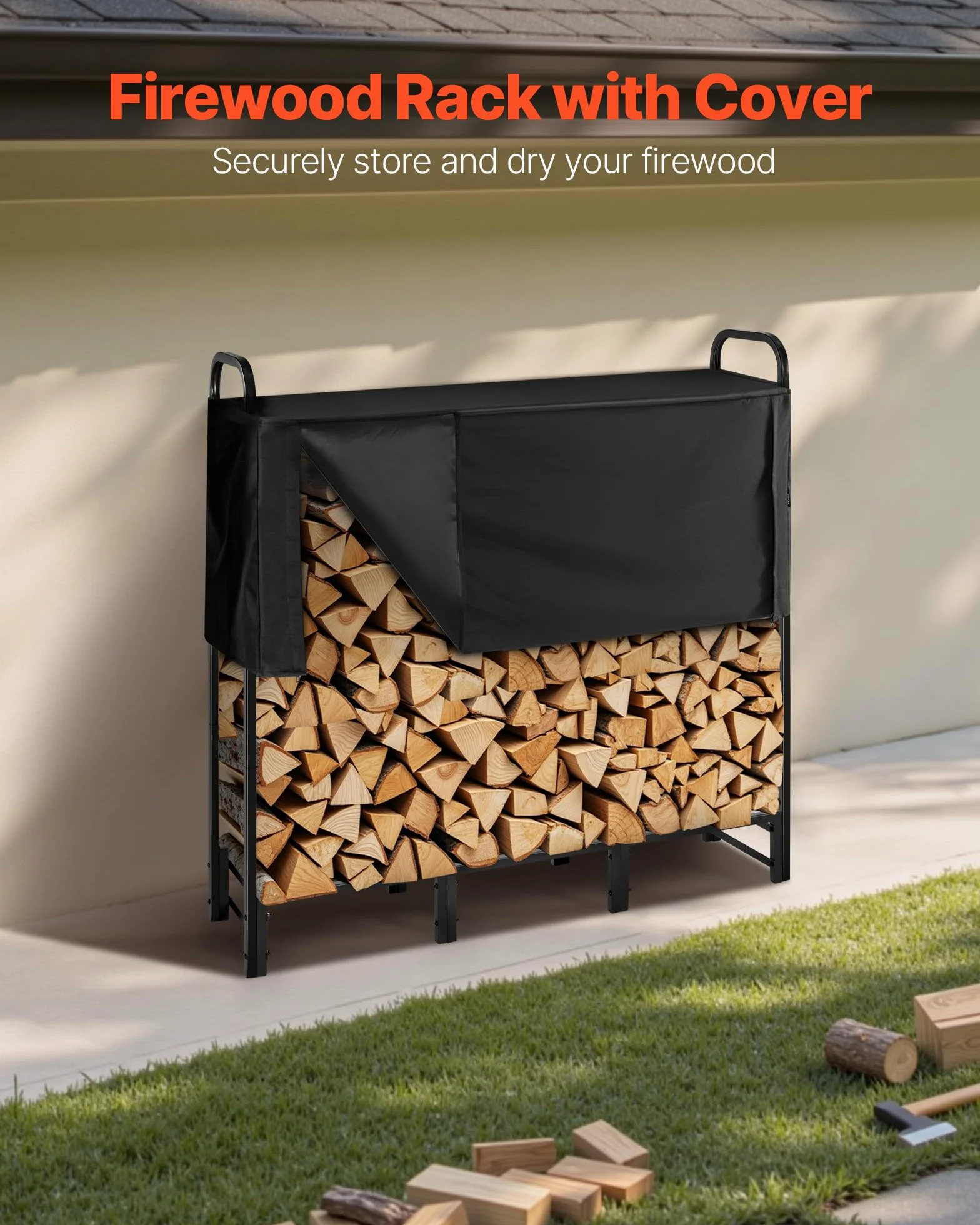 VEVOR Portalegna con Copertura Impermeabile, Portalegna in Metallo per Esterni, 1220 x 320 x 1180 mm, Carico Massimo 181,4 kg, Copertura Parziale, Verniciato a Polvere, per Patio, Veranda