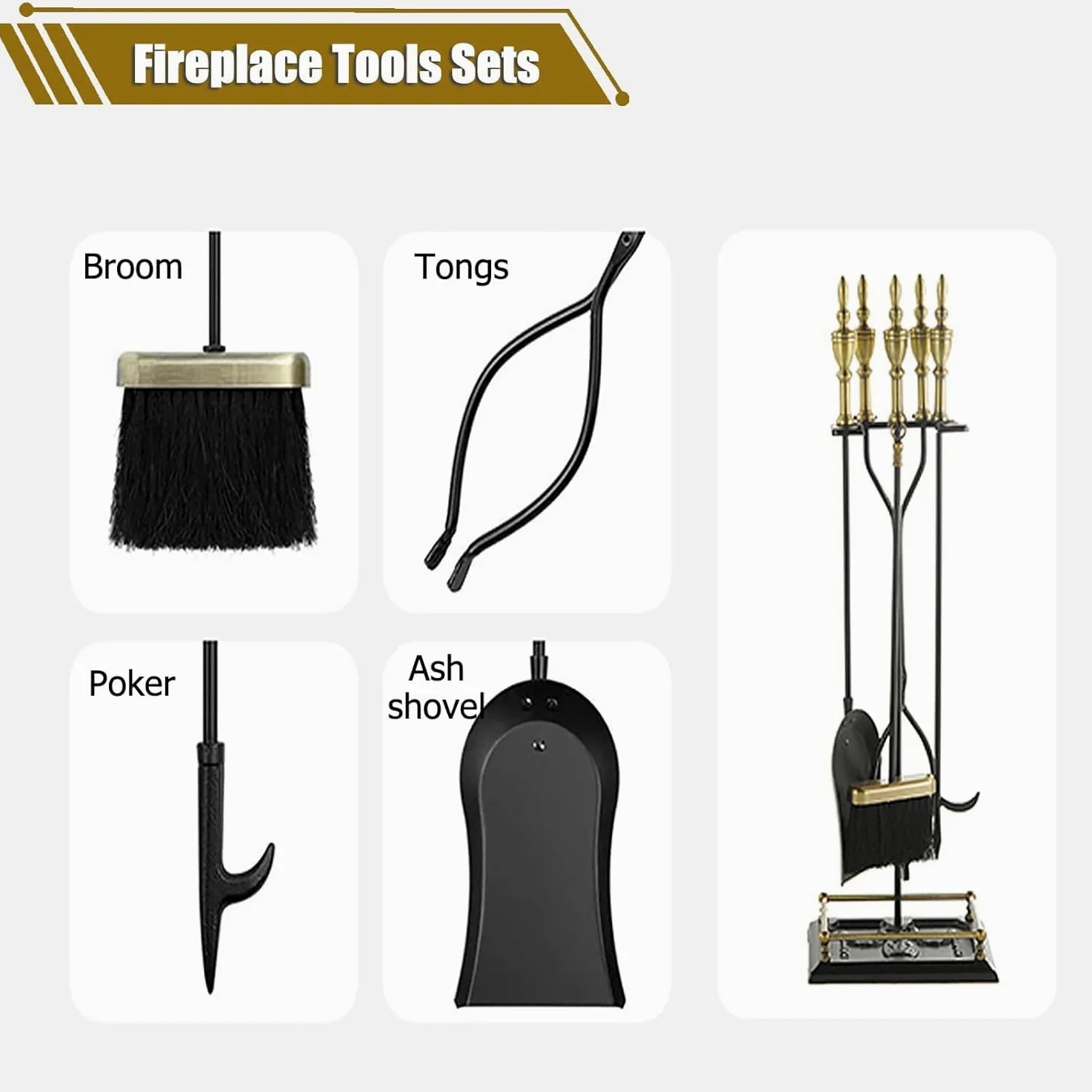 Set Attrezzi per Camino 5 Pezzi, Base con Attizzatoio, Pinza, Paletta E Scopa,Metallo,Strumenti per Camino in Ferro Battuto Nero E Accessori per Caminetto per Interni,Ottone,31.8in
