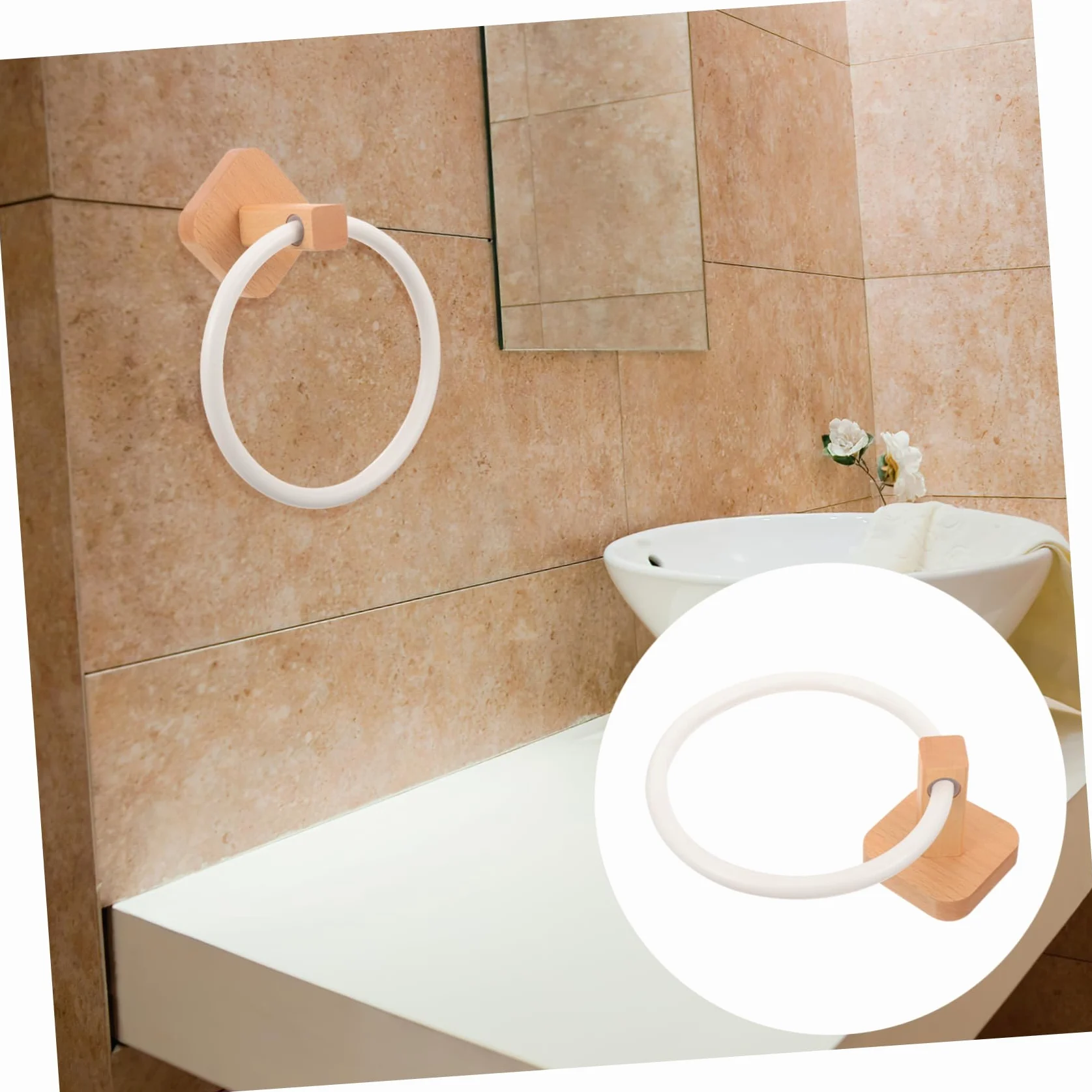 Porta Asciugamani in Legno Beige da Parete Anello Bagno | Struttura Semplice, Stile Classico, Pratico per Asciugamani e Panni, Finitura Chiara