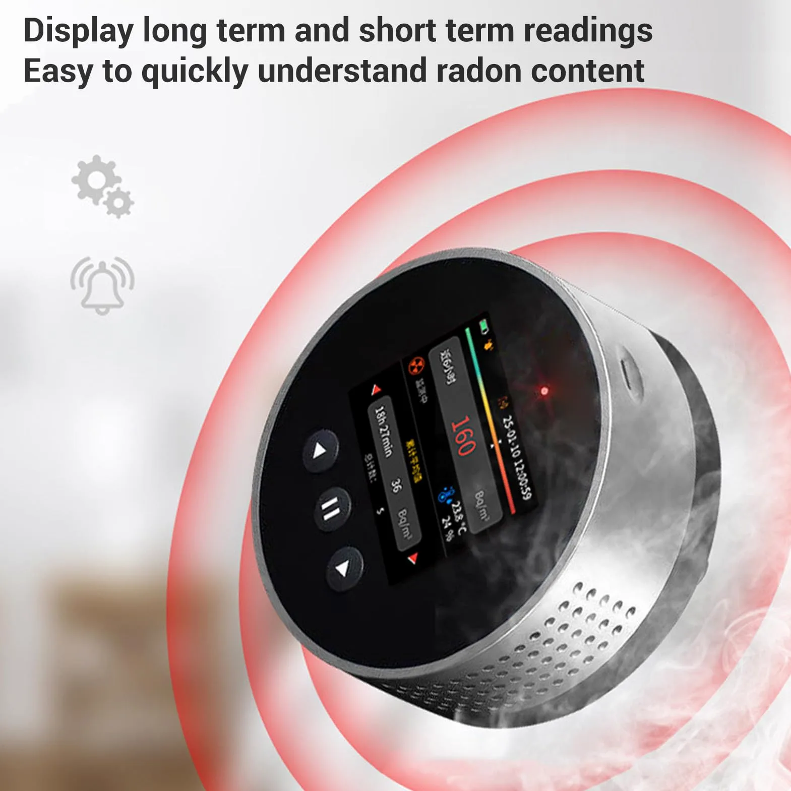 Rilevatore di Radon, Letture a Lungo Termine a Breve Termine, Display LCD, Alimentato a Batteria Ricaricabile, Portatile Compatto per Casa, Ufficio, Seminterrato Scolastico con