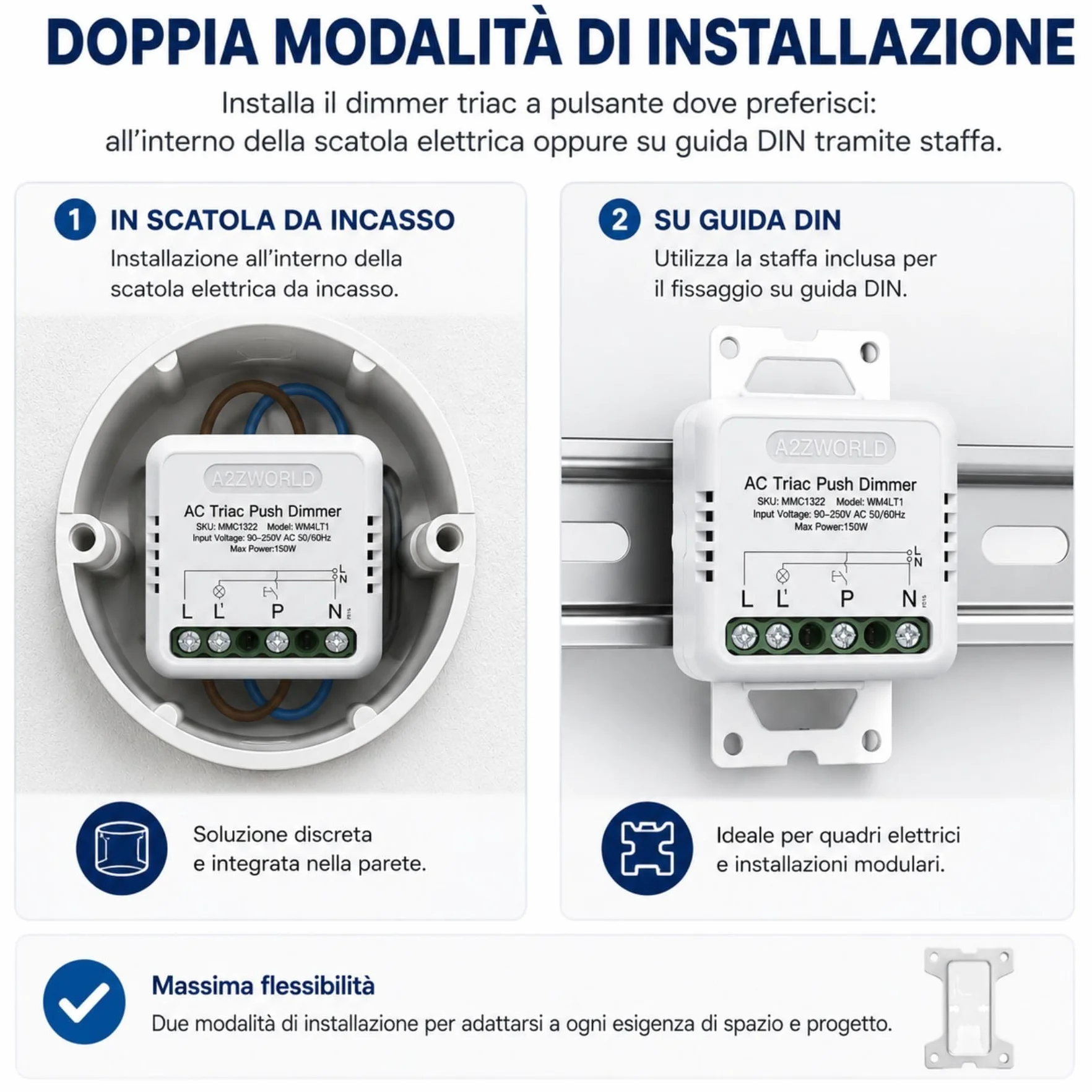 10 PCS Dimmer Triac a Pulsante 220V 150W, Comando Fase o Neutro, Regolabile 10-100%, Sincronizzabile, Memoria, Da Incasso e Barra DIN, Per Led Dimmerabile,40x40x18mm