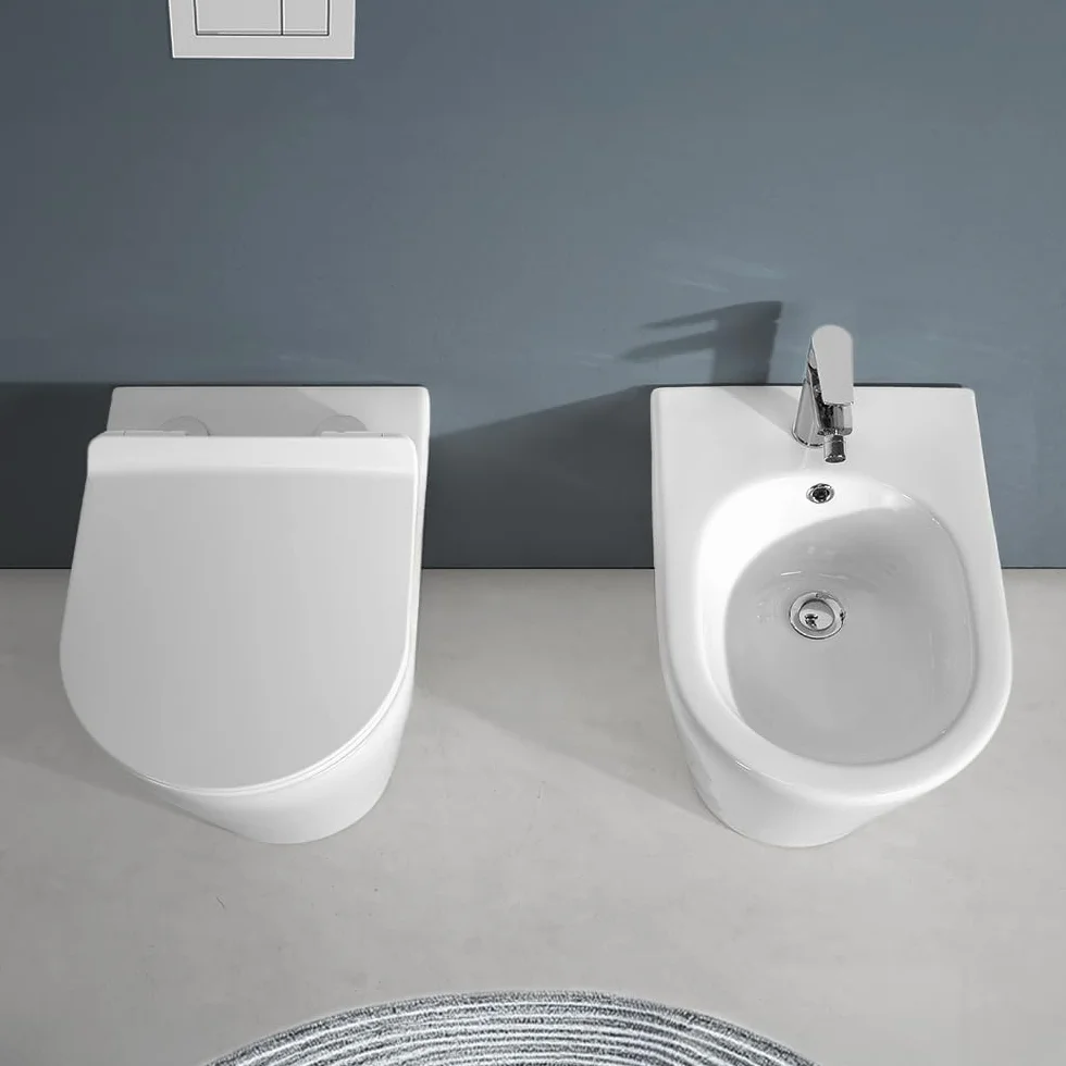 Coppia Sanitari Filomuro Serie Ukra WC E Bidet Ceramica Bianco Rimless Soft-Close