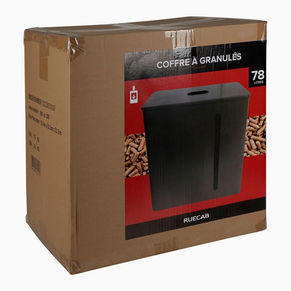 RUECAB - Scatola per pellet, contenitore per pellet - Capacità: 70L - Con coperchio - Materiale: Acciaio - Dimensioni: 51 x 51,5 x 31 cm - Forma rettangolare - Stock 3 sacchi di pellet da 15 kg