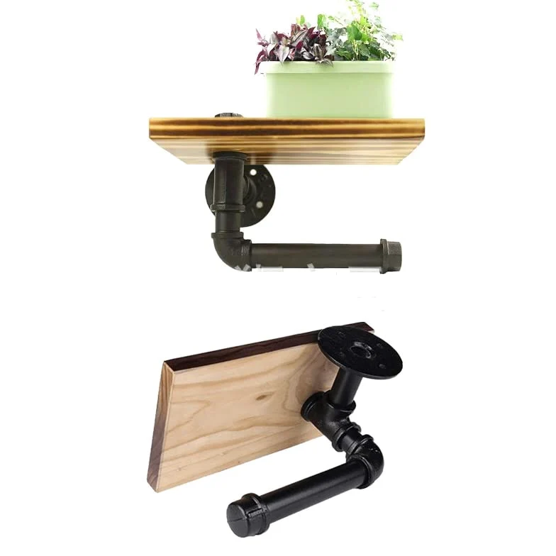 Portarotolo da parete industriale con ripiano in legno, accessorio da bagno rustico per risparmiare spazio