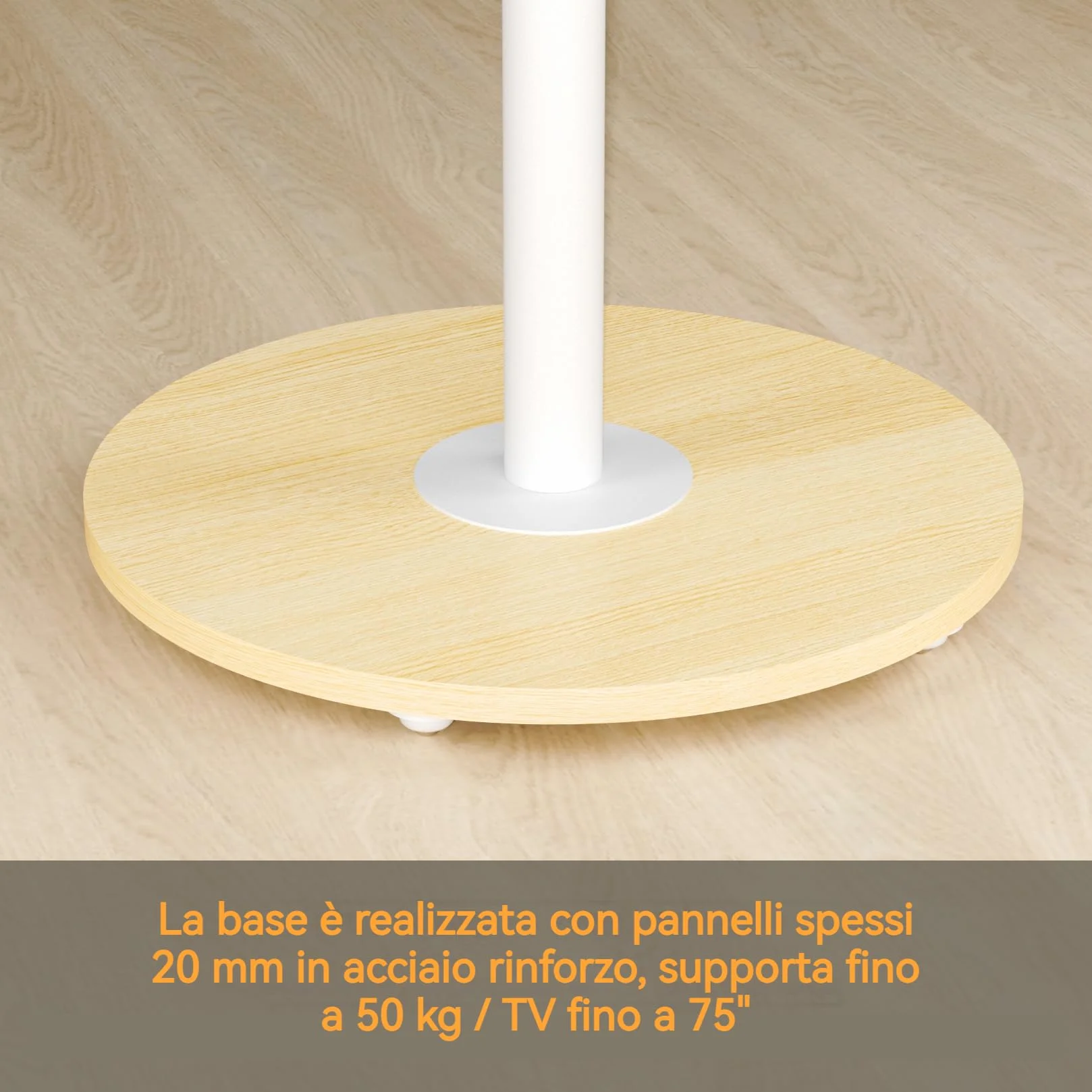 Supporto TV da Pavimento con Ruote Nascoste Legno Base per 40-75 Pollici Peso Max 50kg Max VESA 600x400mm, Regolabile in Altezza, Bianco