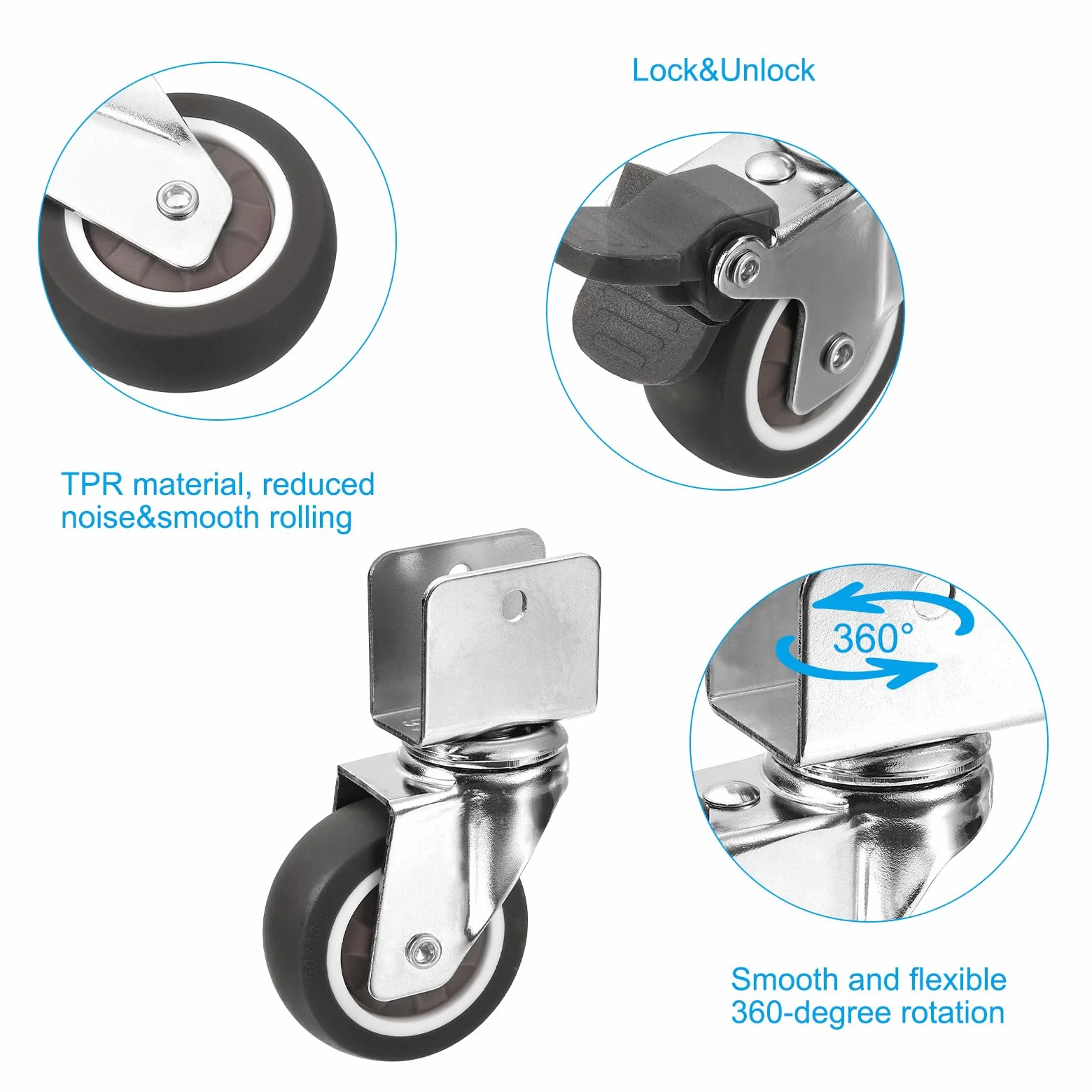 1.5" Ruote girevoli con 1" U Staffa, 4 Set Muto Spostamento Girevole Ruota Totale Carico 165lbs per Armadio Mobili Table(2 con Freno, 2 Senza)