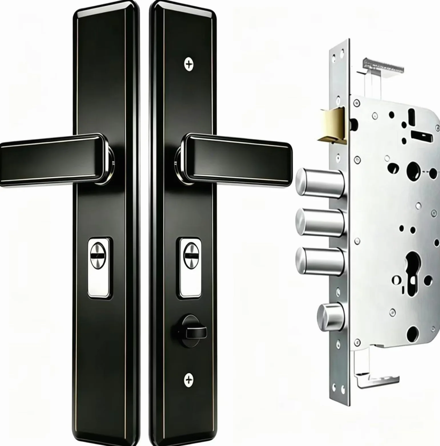 Serratura Meccanica in Acciaio Inox, Set Maniglia Antifurto per Porta D'Ingresso, Finitura Nera(B+Inside Open)