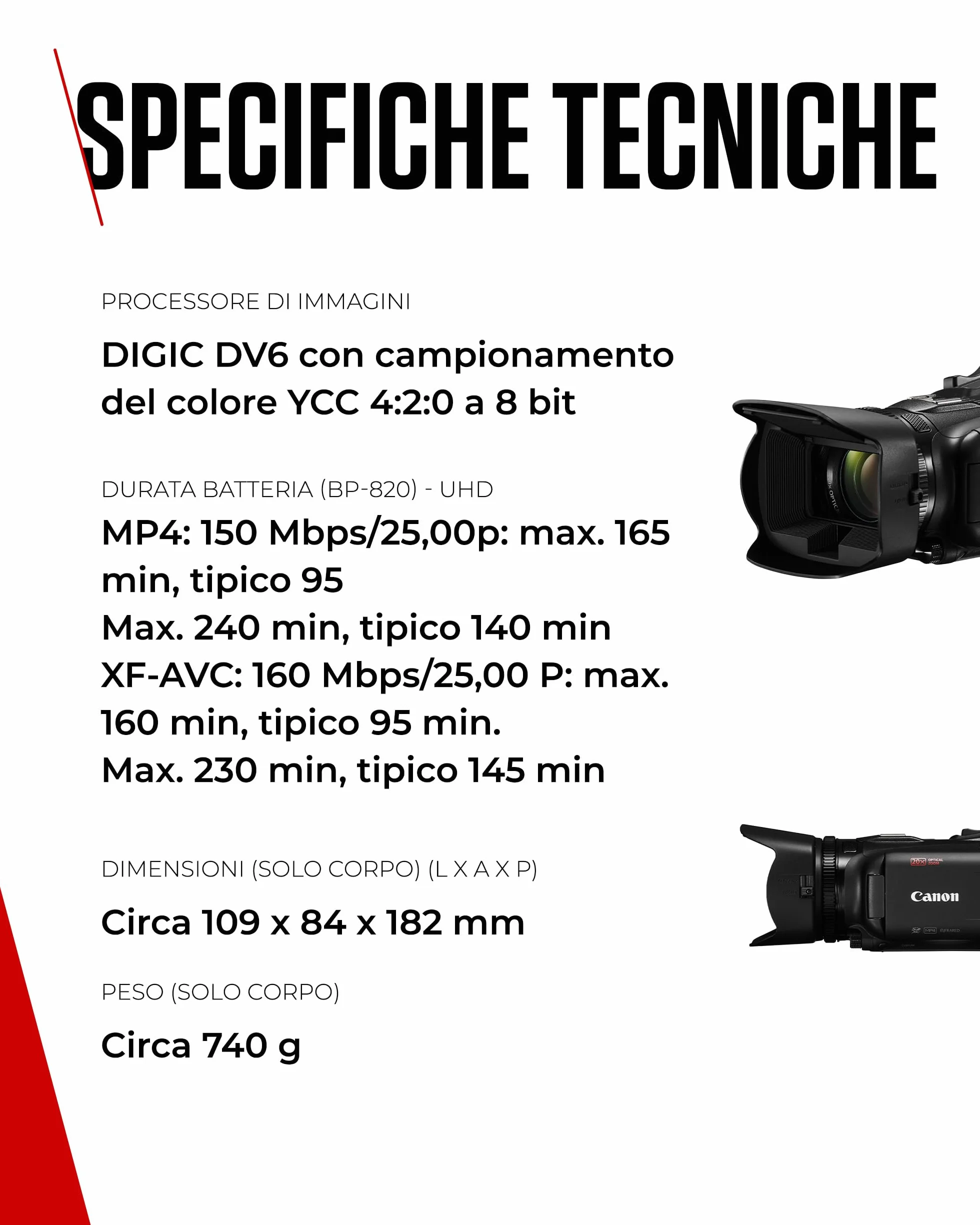Canon XA60 - Videocamera 4K Professionale con Messa a Fuoco Automatica, Zoom Ottico 20x, Stabilizzazione a 5 Assi, Uscita HDMI e Streaming Live HD via USB-C