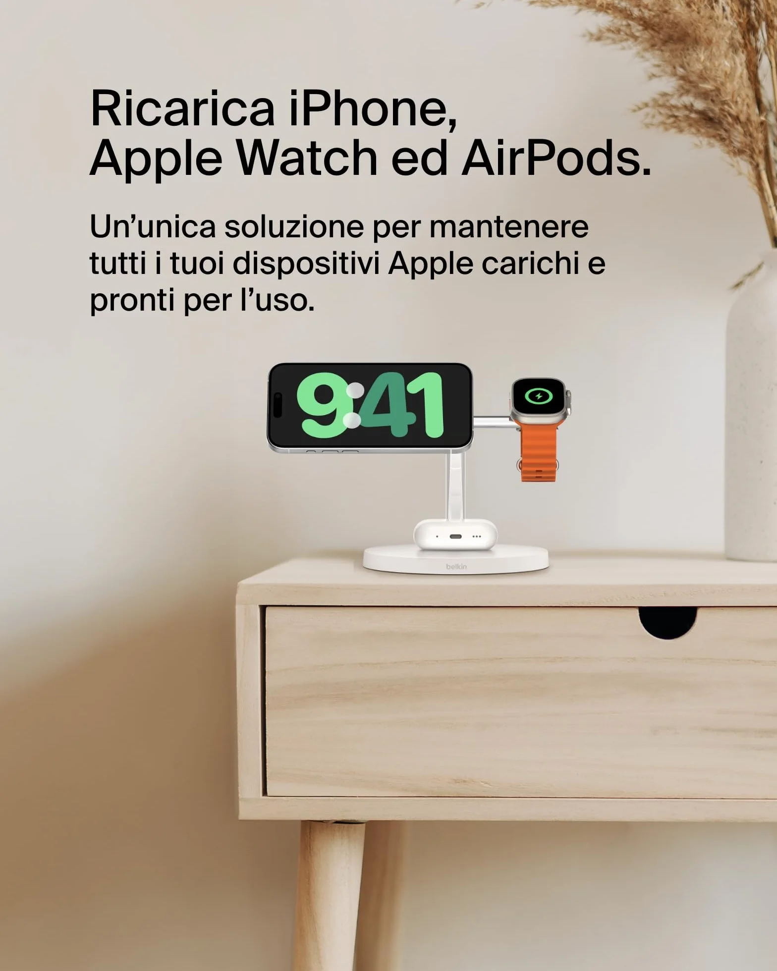 Belkin BoostCharge Caricatore 3 in 1 con Qi2, base di ricarica wireless compatibile con MagSafe, caricatore iPhone 17, Air, Pixelsnap, Apple Watch e AirPods, alimentatore incluso - Bianco